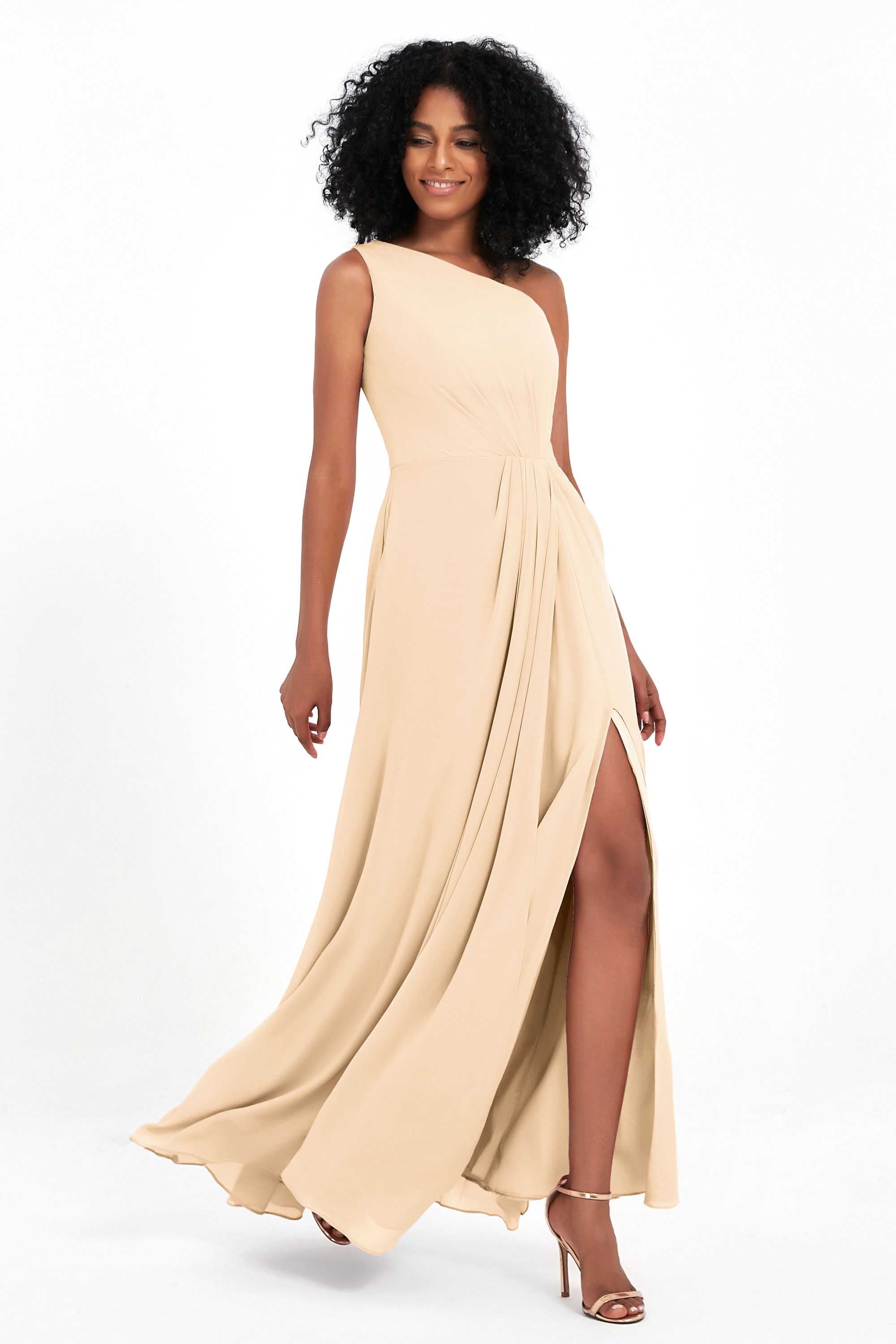 One Shoulder Zipper Chiffon Bridesmaid Dresses with Slit Long Formal Evening Dress Gowns