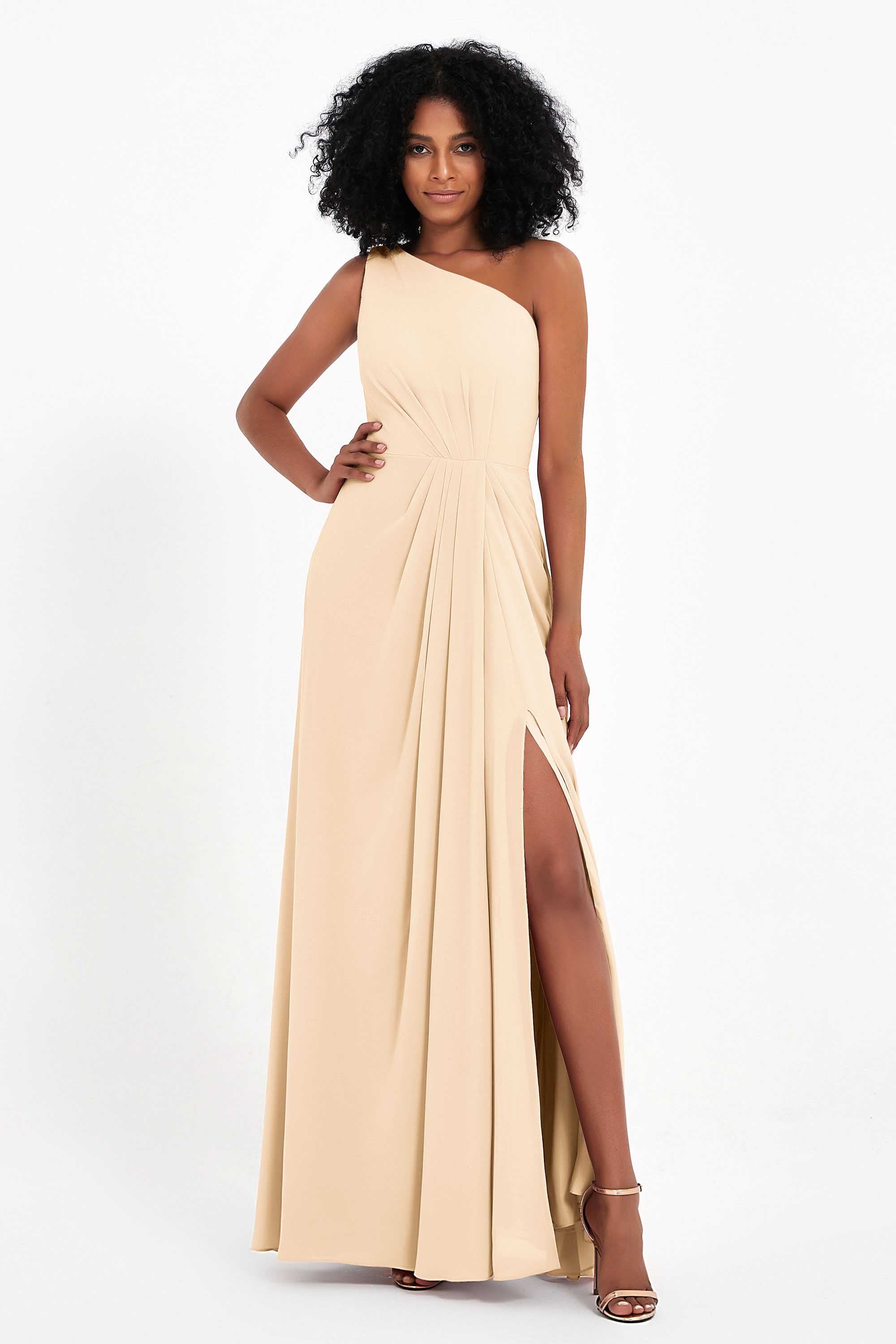 One Shoulder Zipper Chiffon Bridesmaid Dresses with Slit Long Formal Evening Dress Gowns