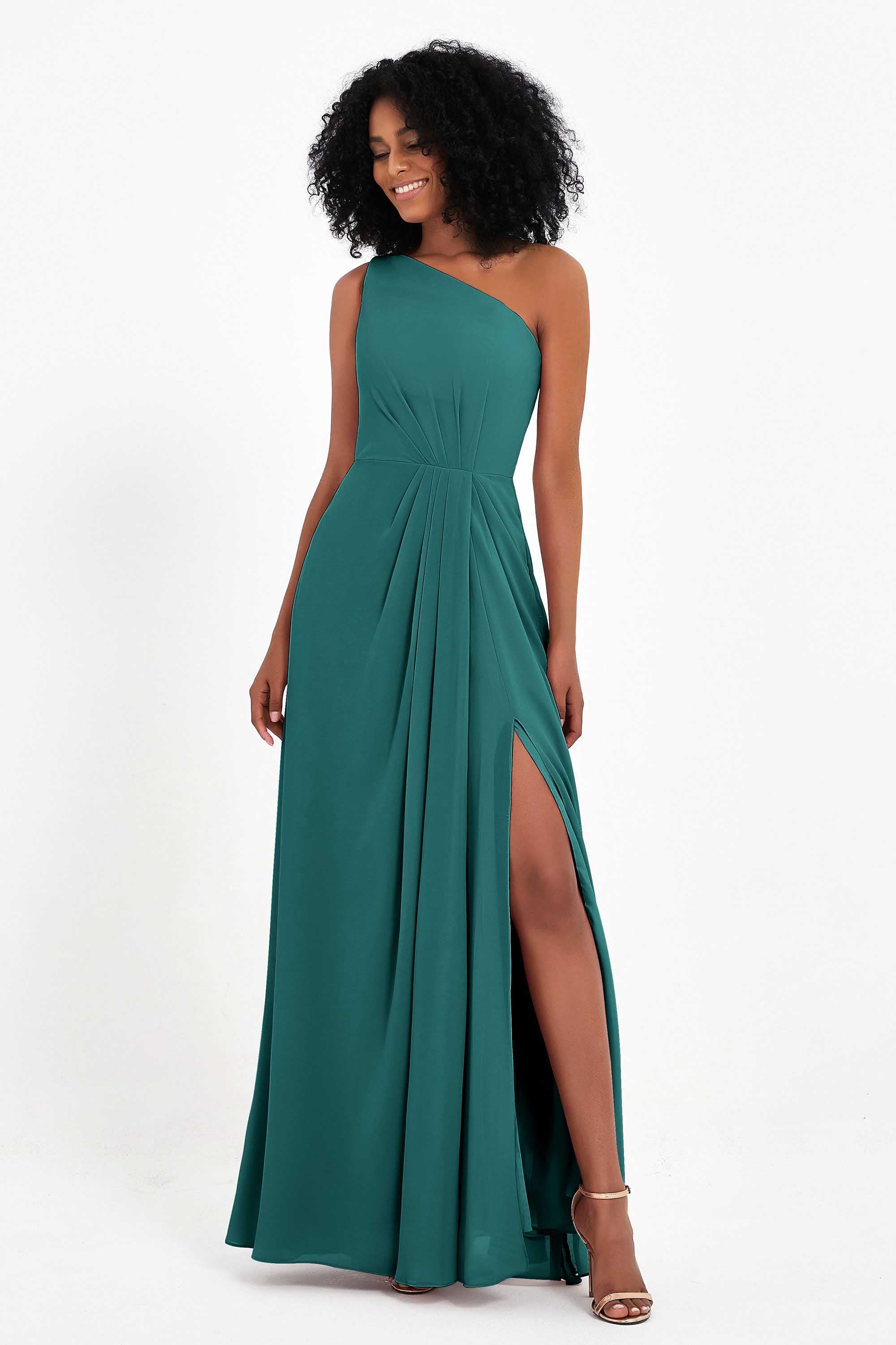One Shoulder Zipper Chiffon Bridesmaid Dresses with Slit Long Formal Evening Dress Gowns