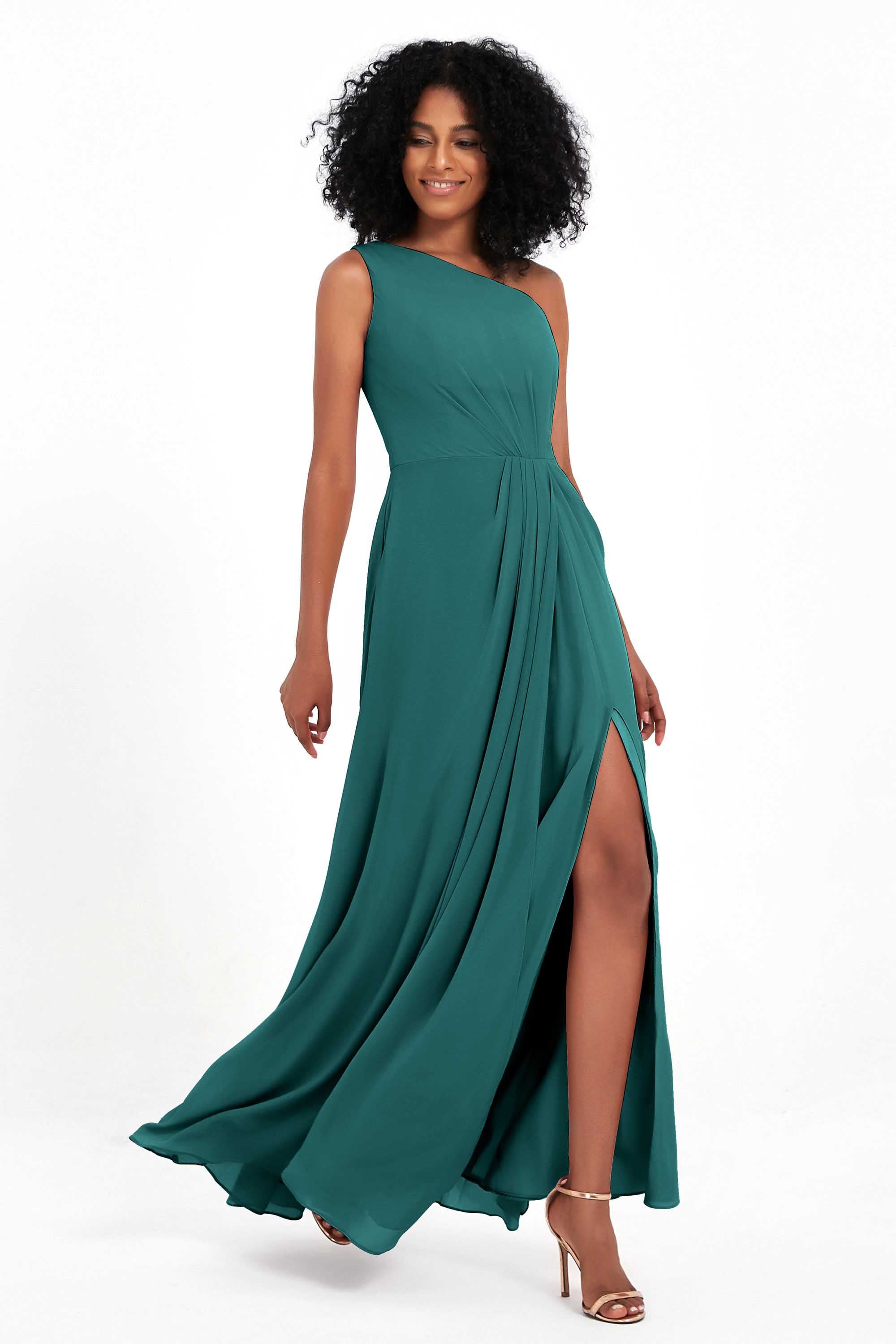 One Shoulder Zipper Chiffon Bridesmaid Dresses with Slit Long Formal Evening Dress Gowns