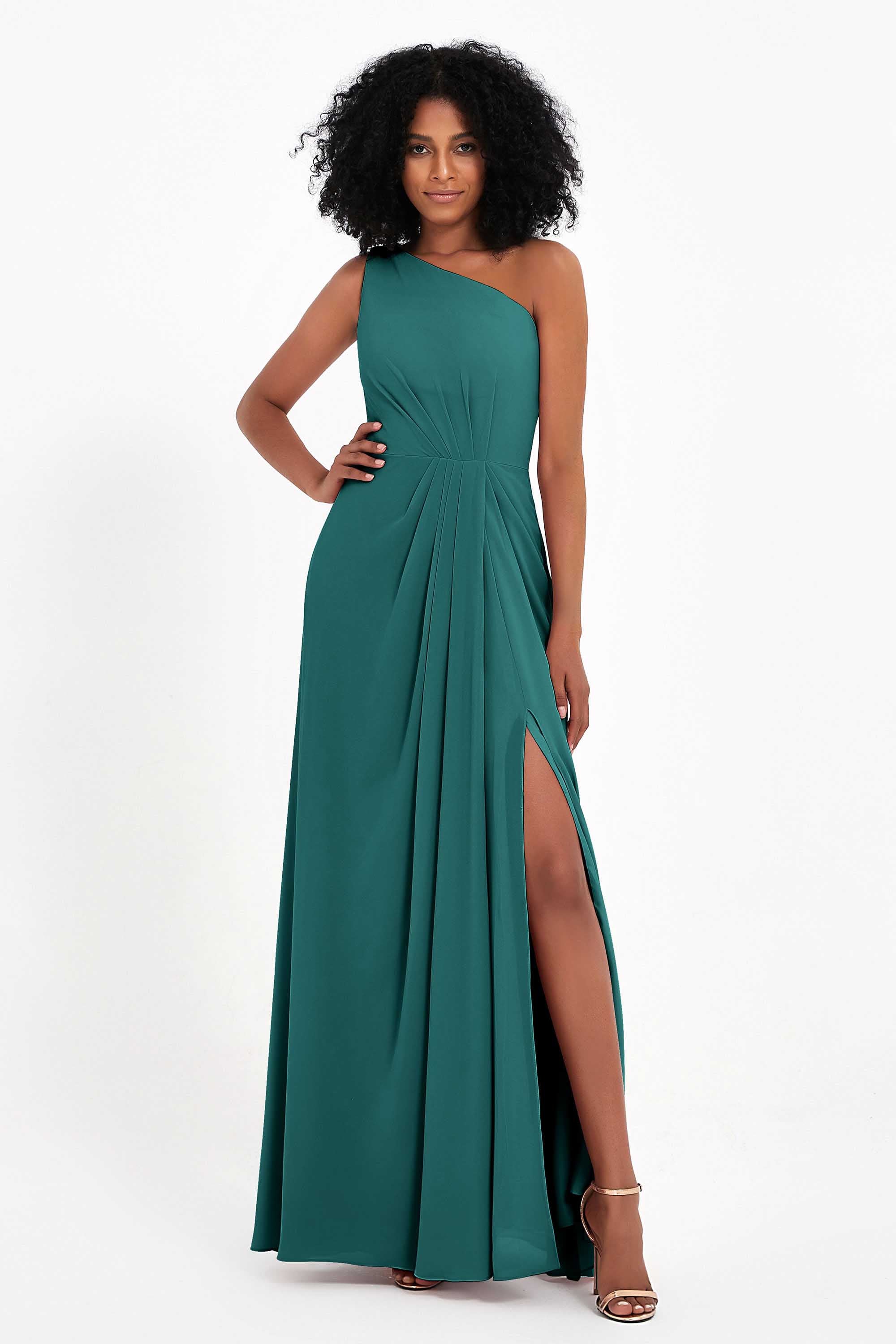 One Shoulder Zipper Chiffon Bridesmaid Dresses with Slit Long Formal Evening Dress Gowns