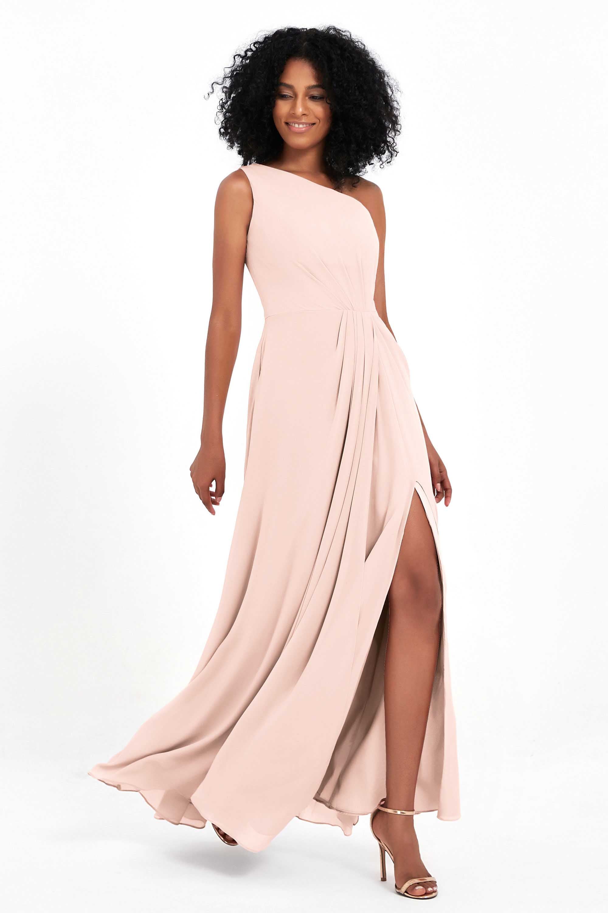 One Shoulder Zipper Chiffon Bridesmaid Dresses with Slit Long Formal Evening Dress Gowns