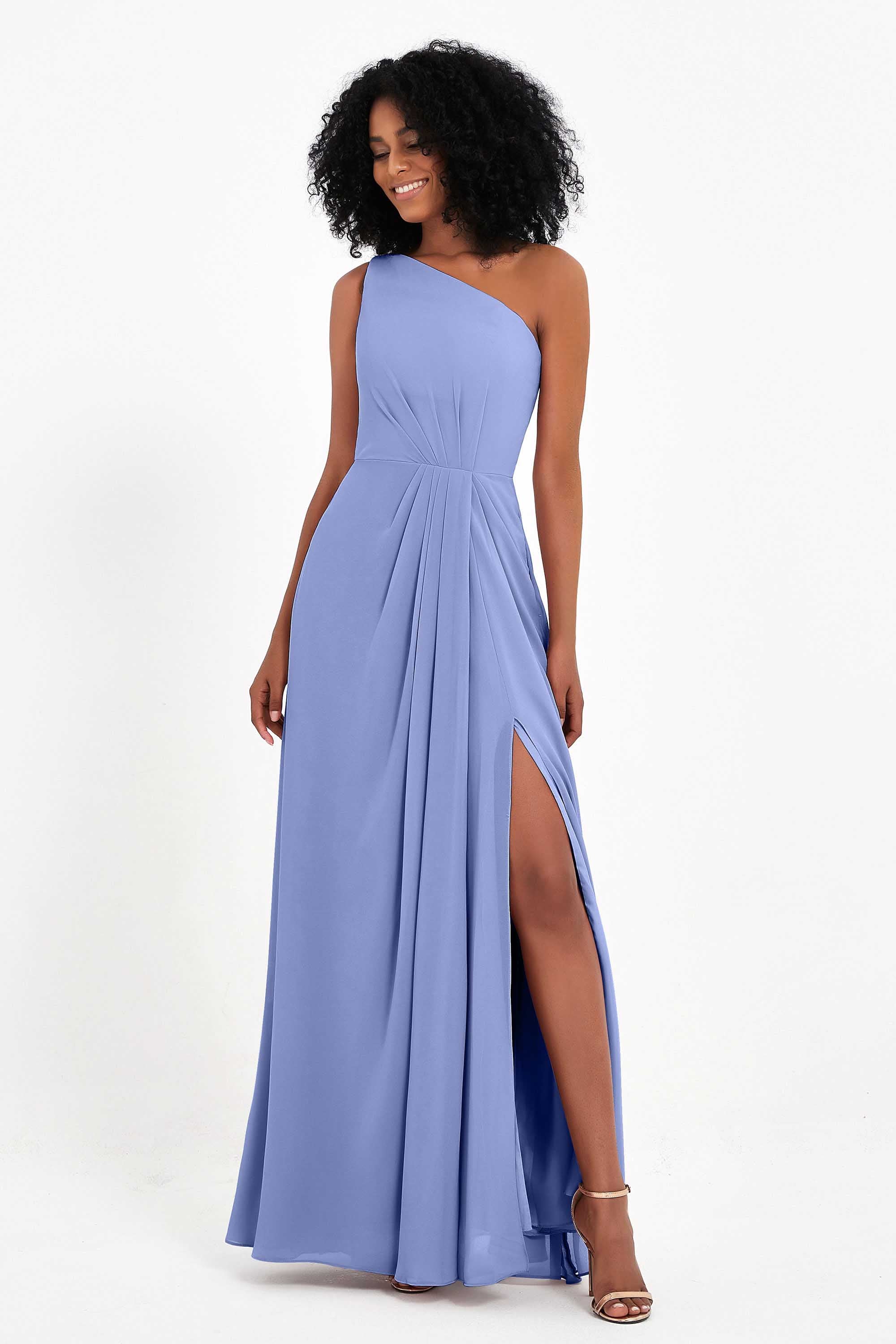 One Shoulder Zipper Chiffon Bridesmaid Dresses with Slit Long Formal Evening Dress Gowns
