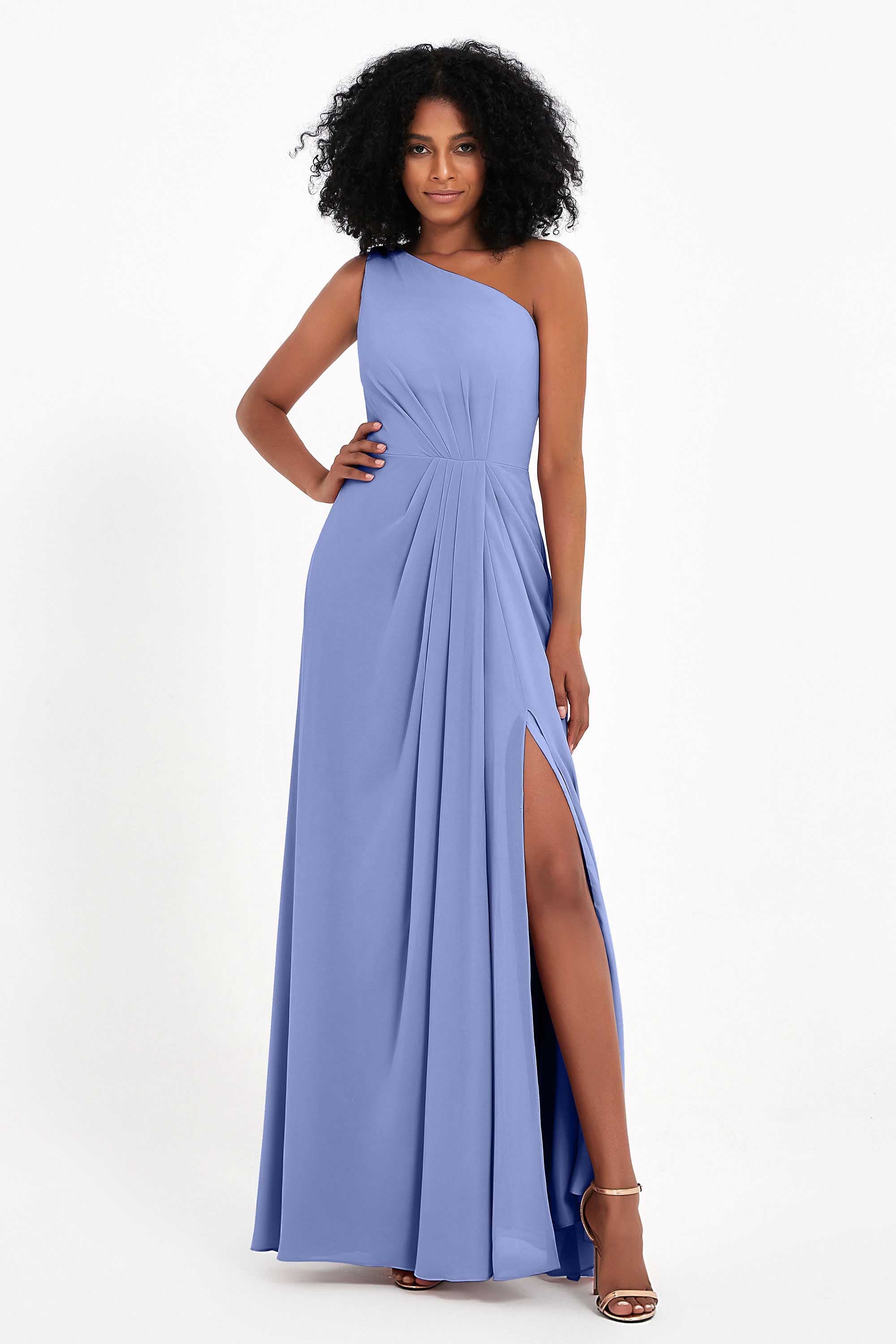 One Shoulder Zipper Chiffon Bridesmaid Dresses with Slit Long Formal Evening Dress Gowns