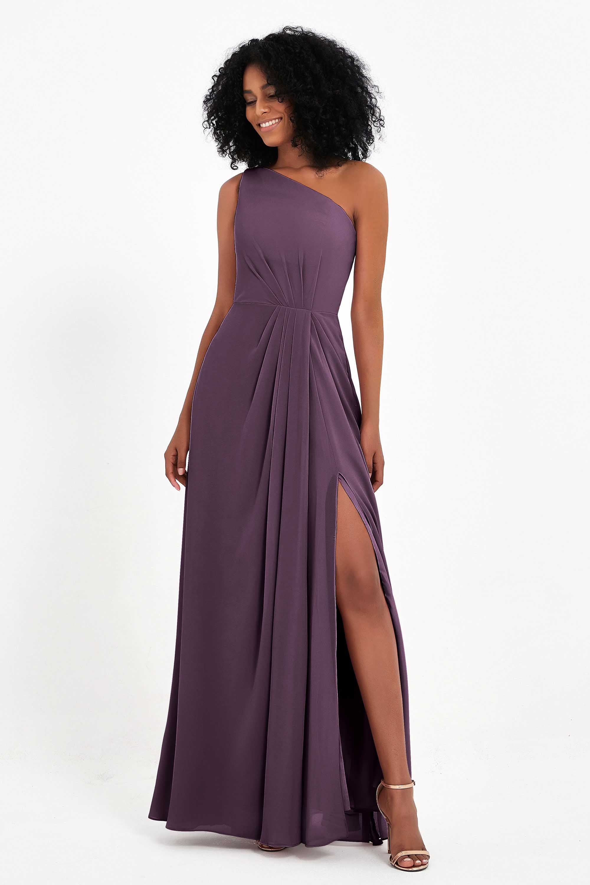 One Shoulder Zipper Chiffon Bridesmaid Dresses with Slit Long Formal Evening Dress Gowns