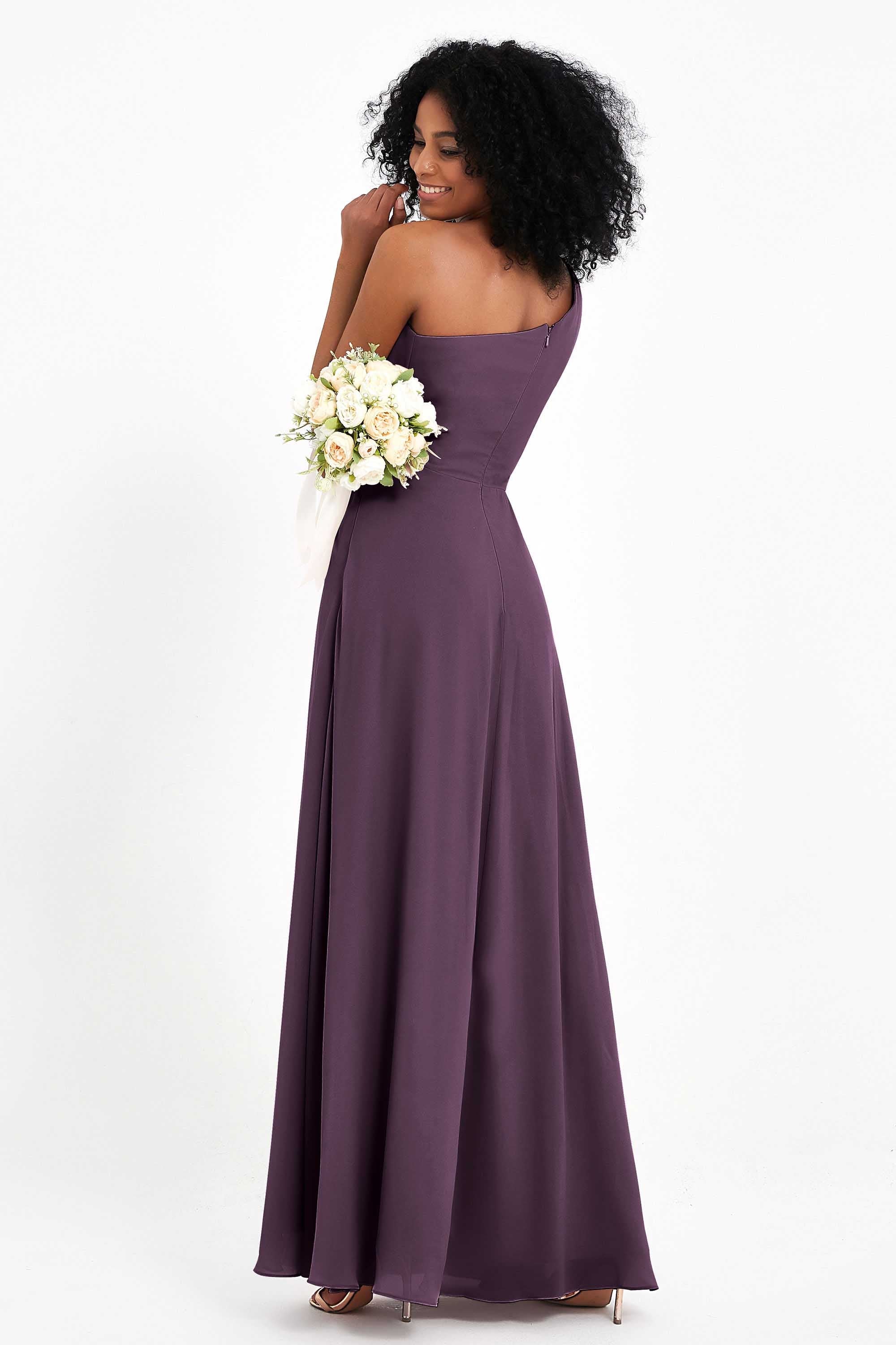 One Shoulder Zipper Chiffon Bridesmaid Dresses with Slit Long Formal Evening Dress Gowns