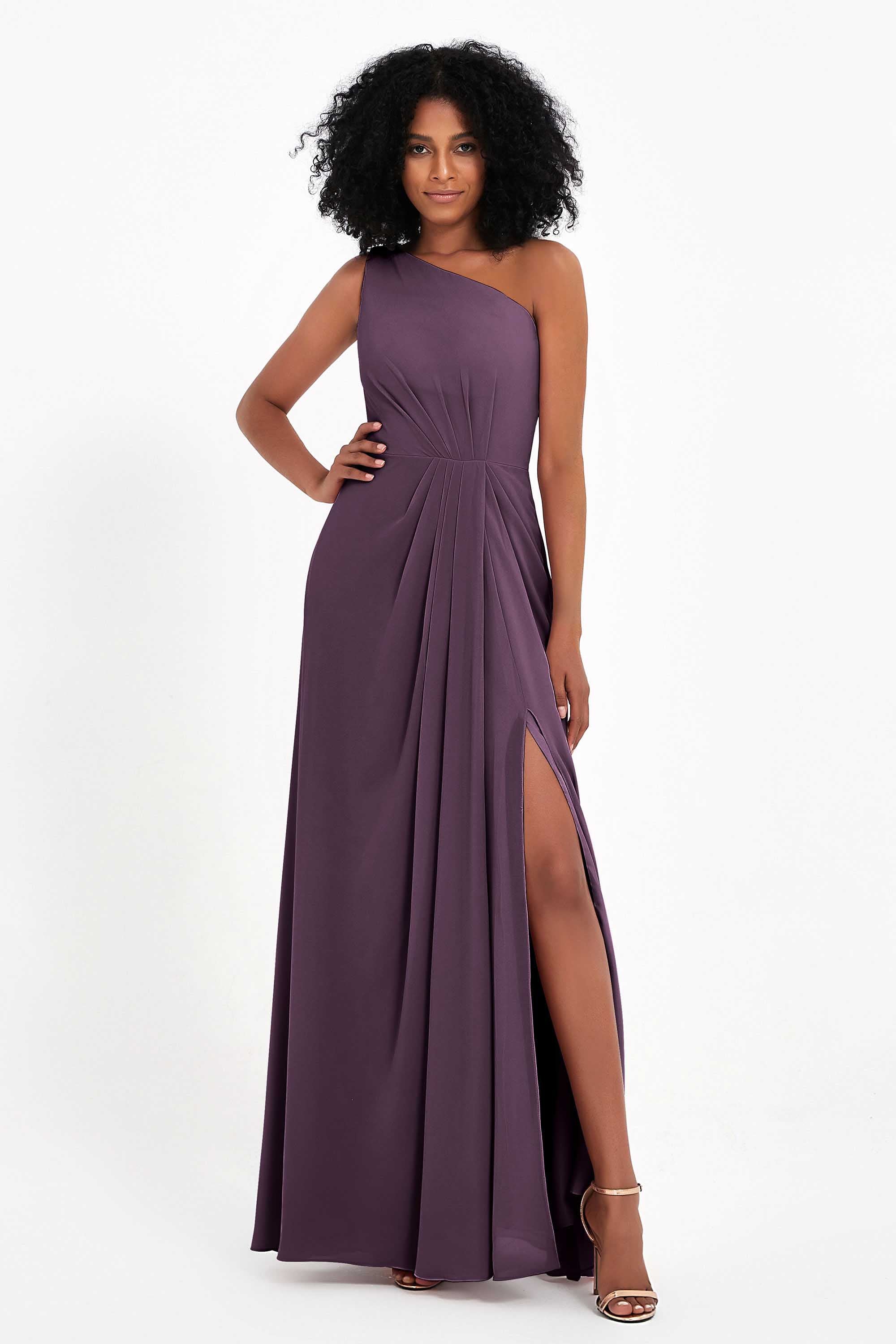 One Shoulder Zipper Chiffon Bridesmaid Dresses with Slit Long Formal Evening Dress Gowns