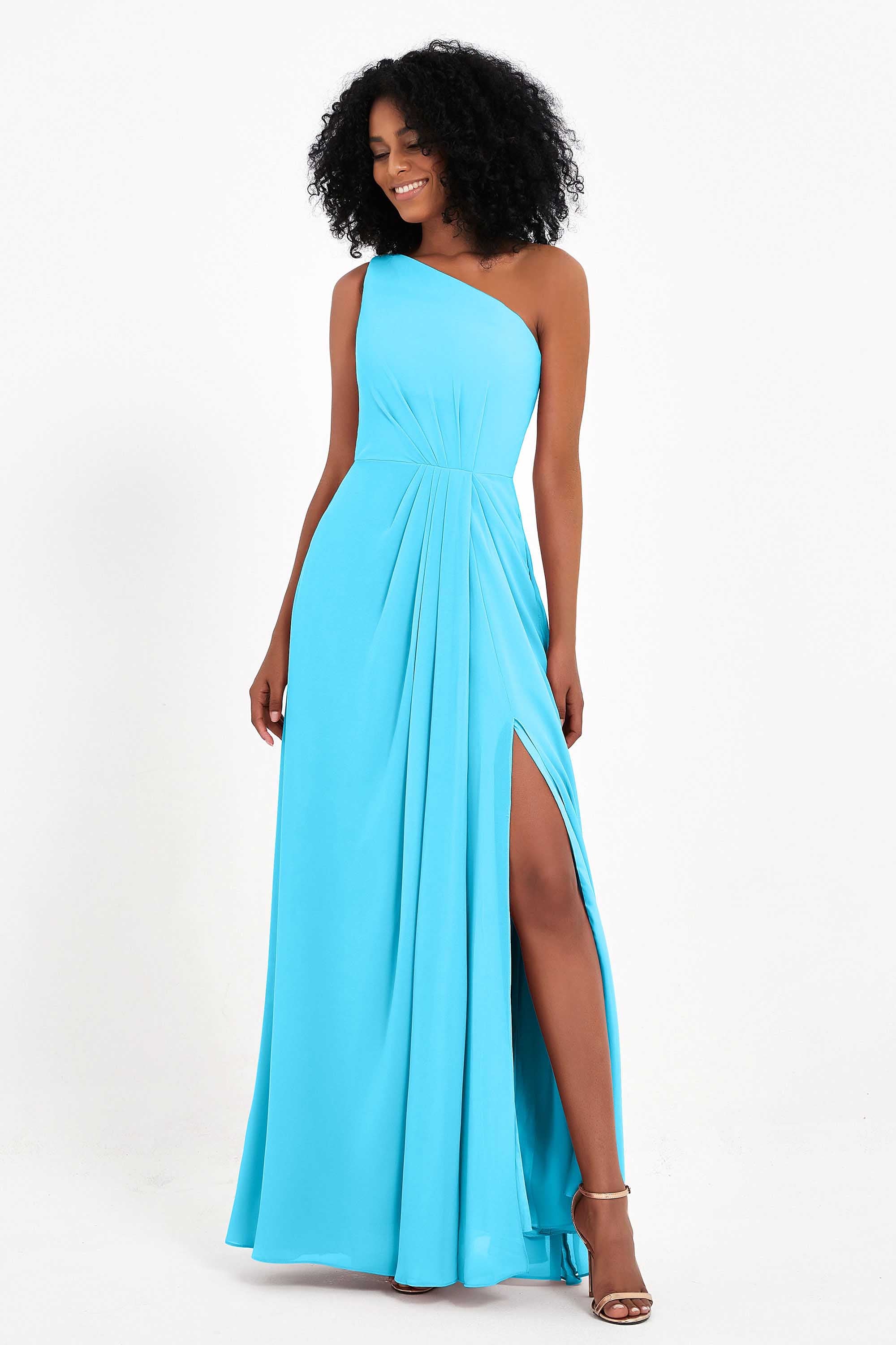 One Shoulder Zipper Chiffon Bridesmaid Dresses with Slit Long Formal Evening Dress Gowns