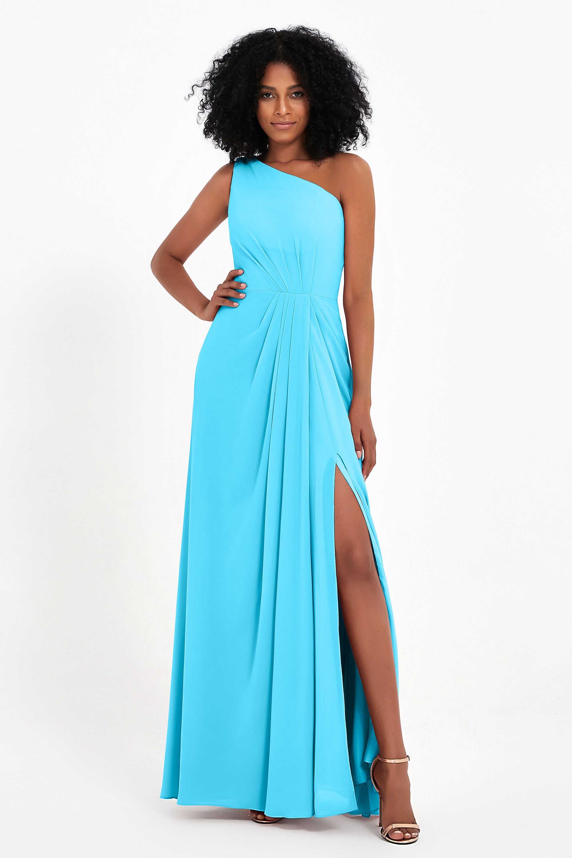 One Shoulder Zipper Chiffon Bridesmaid Dresses with Slit Long Formal Evening Dress Gowns