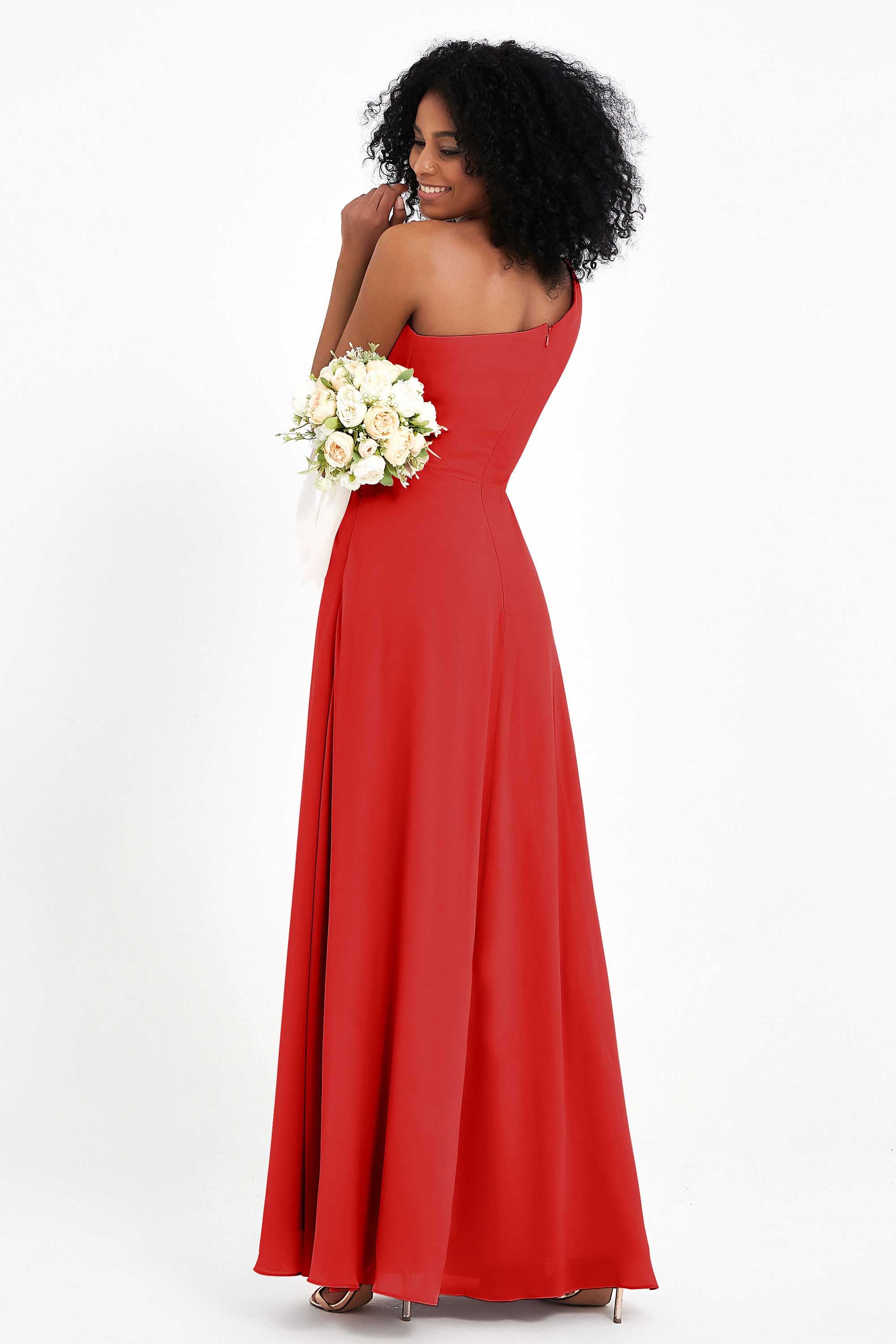 One Shoulder Zipper Chiffon Bridesmaid Dresses with Slit Long Formal Evening Dress Gowns