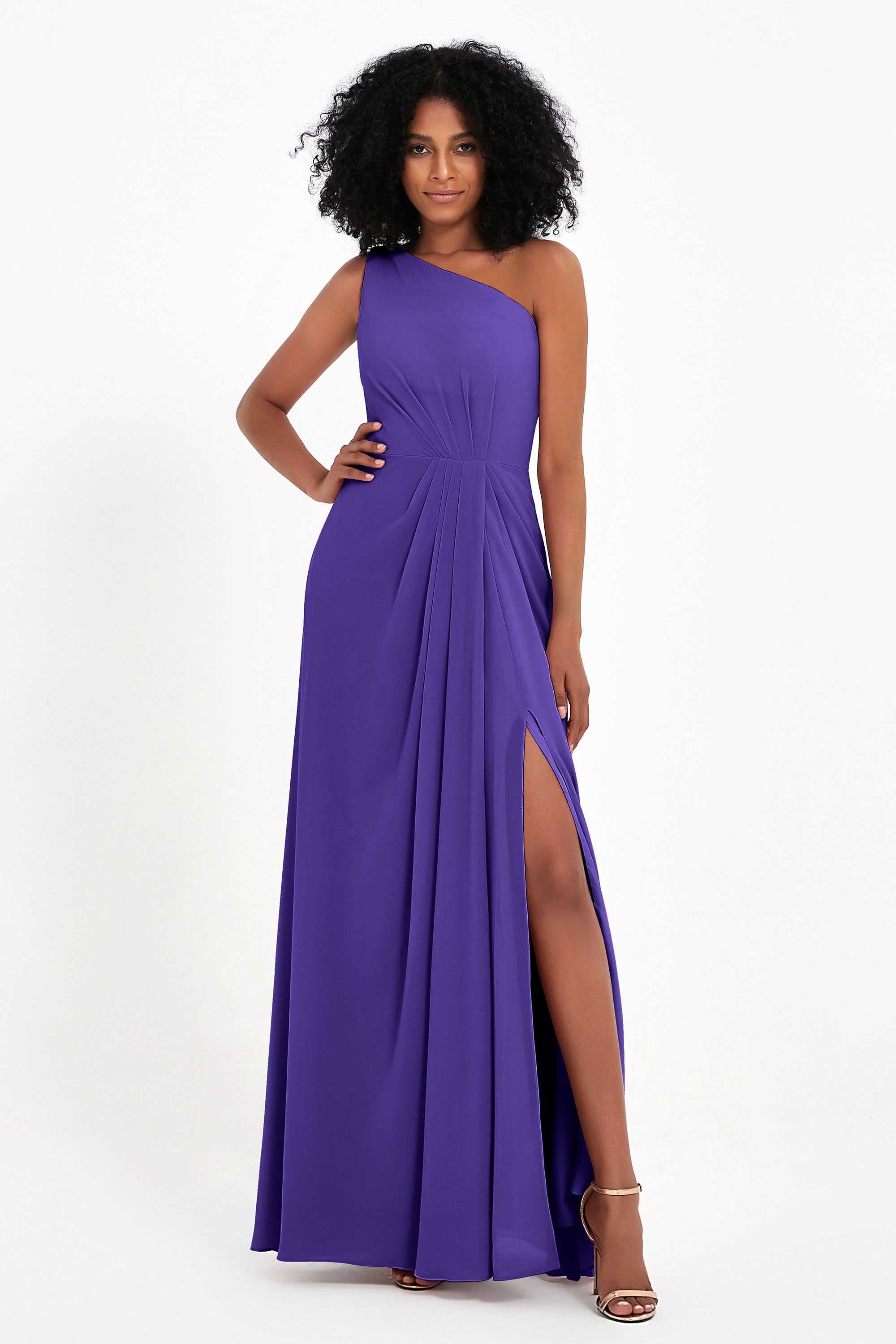 One Shoulder Zipper Chiffon Bridesmaid Dresses with Slit Long Formal Evening Dress Gowns