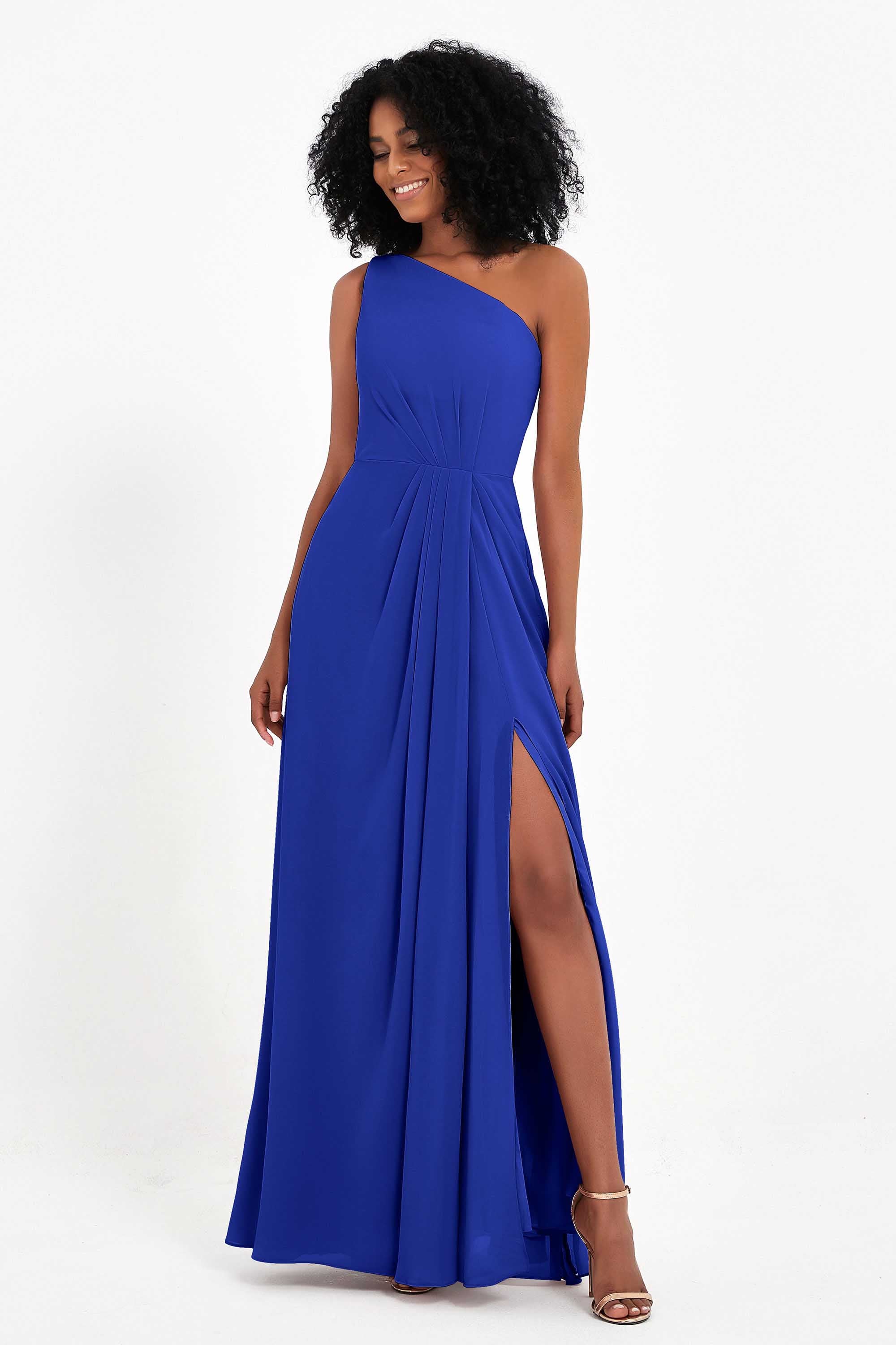 One Shoulder Zipper Chiffon Bridesmaid Dresses with Slit Long Formal Evening Dress Gowns