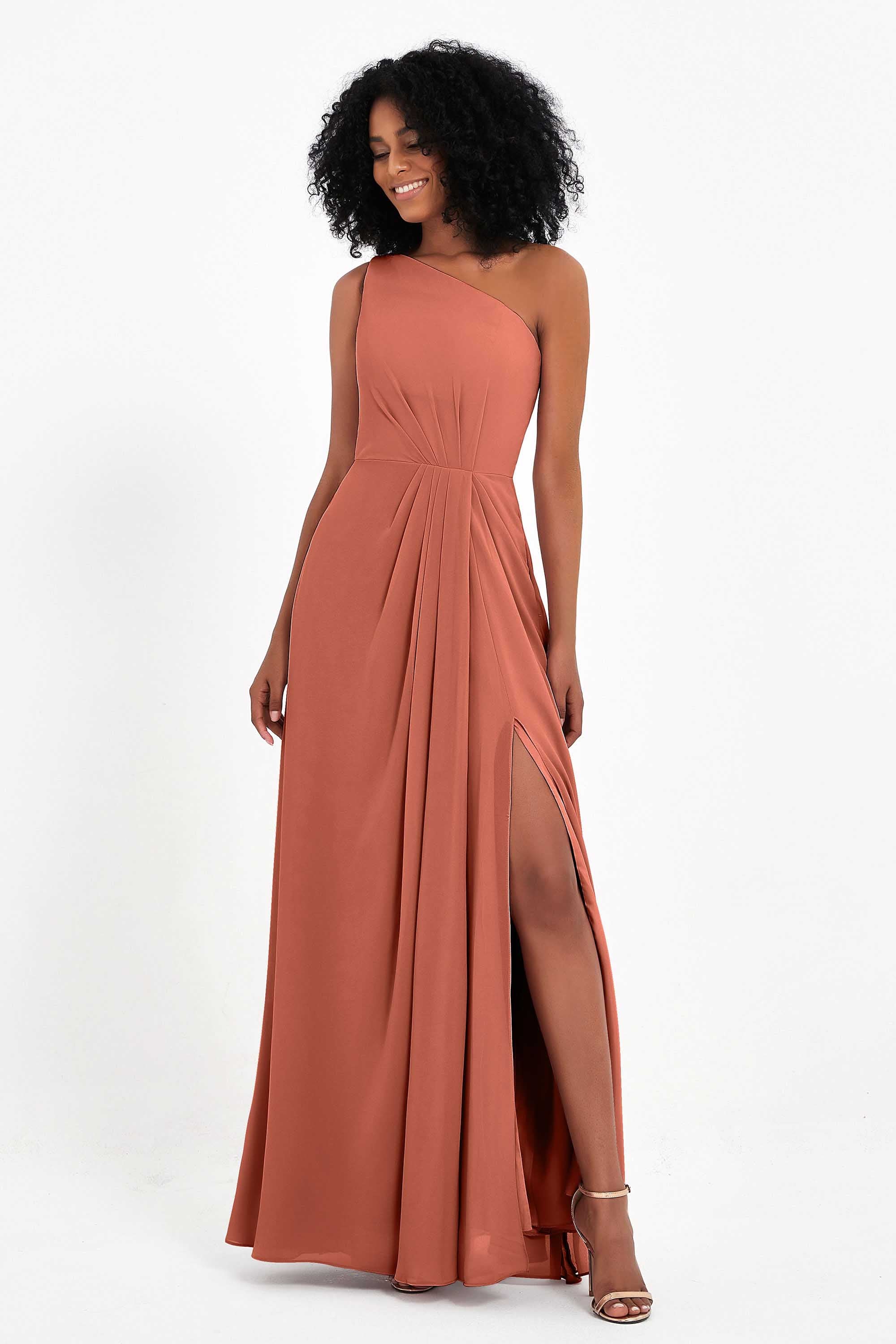One Shoulder Zipper Chiffon Bridesmaid Dresses with Slit Long Formal Evening Dress Gowns