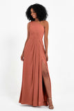 One Shoulder Zipper Chiffon Bridesmaid Dresses with Slit Long Formal Evening Dress Gowns