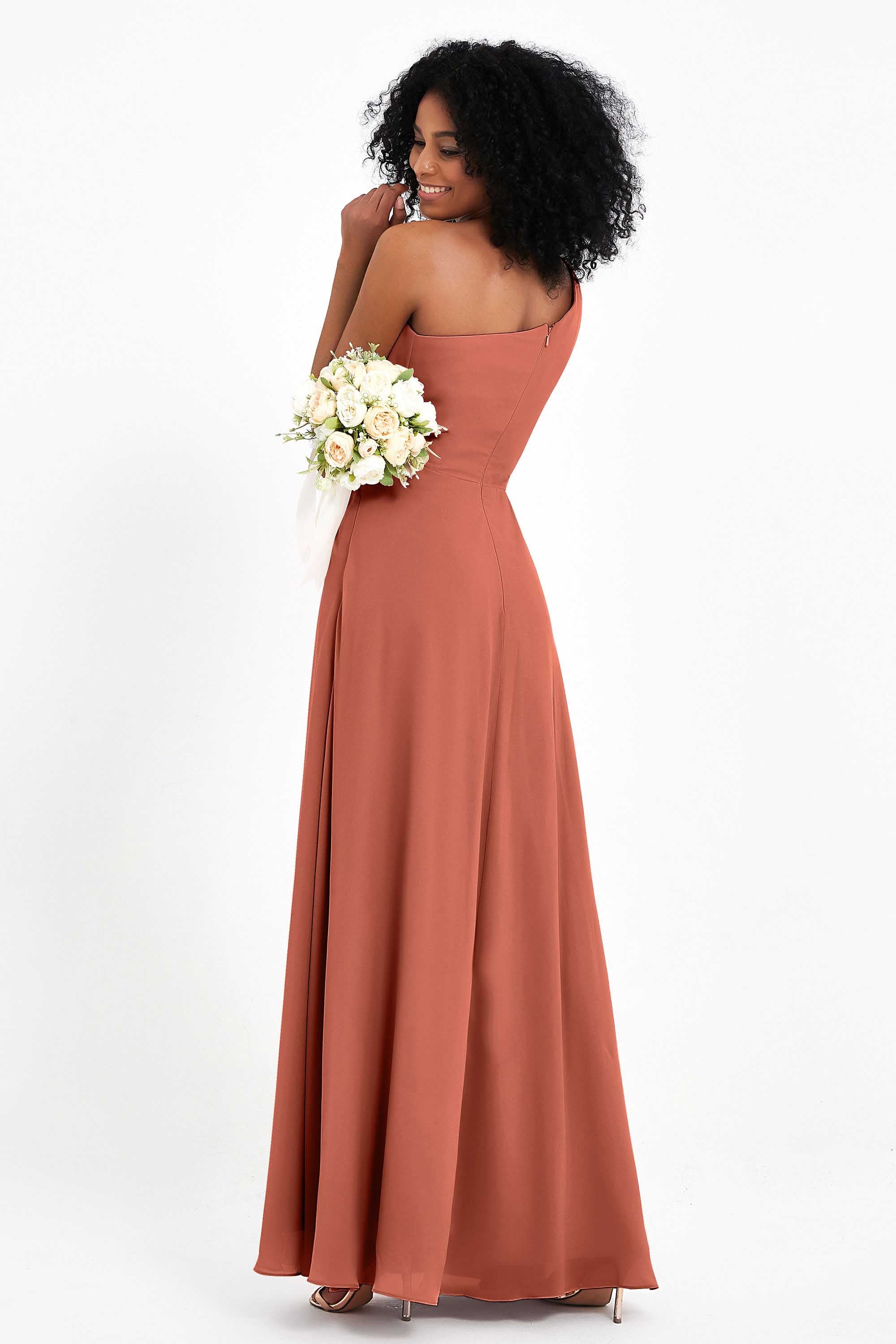 One Shoulder Zipper Chiffon Bridesmaid Dresses with Slit Long Formal Evening Dress Gowns