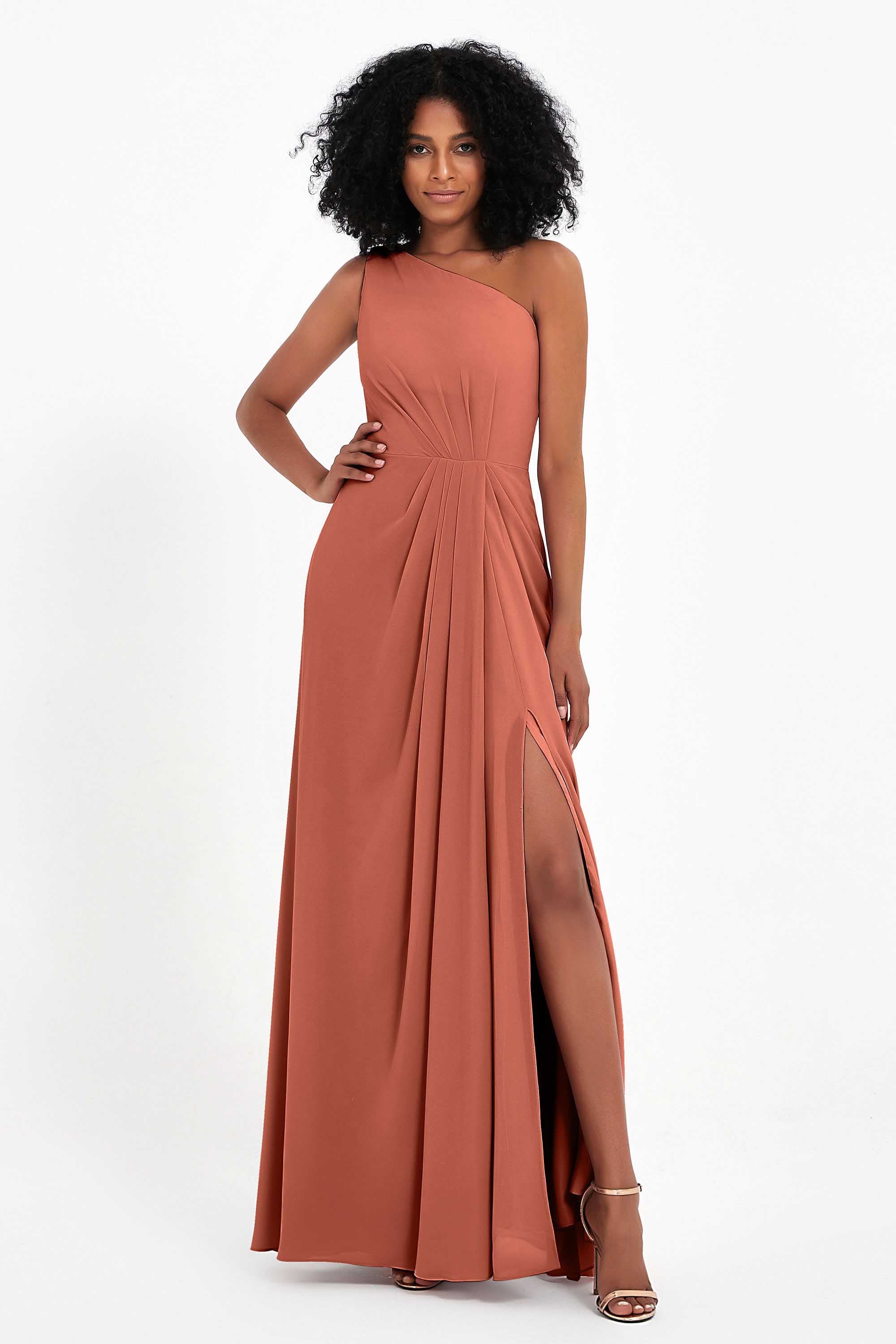 One Shoulder Zipper Chiffon Bridesmaid Dresses with Slit Long Formal Evening Dress Gowns