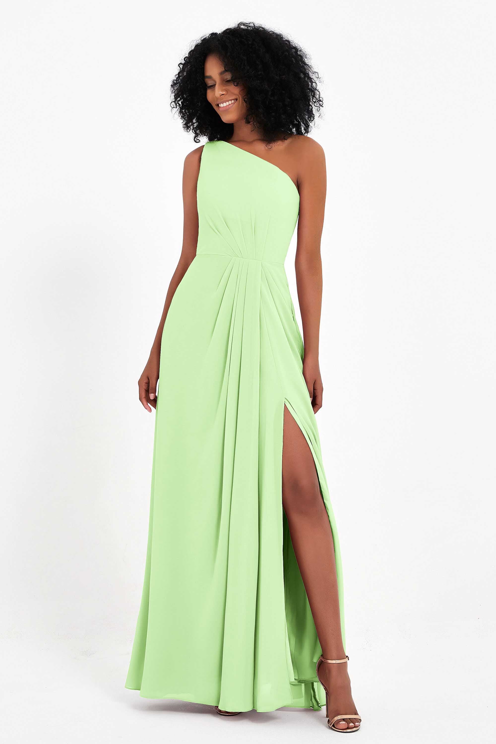 One Shoulder Zipper Chiffon Bridesmaid Dresses with Slit Long Formal Evening Dress Gowns