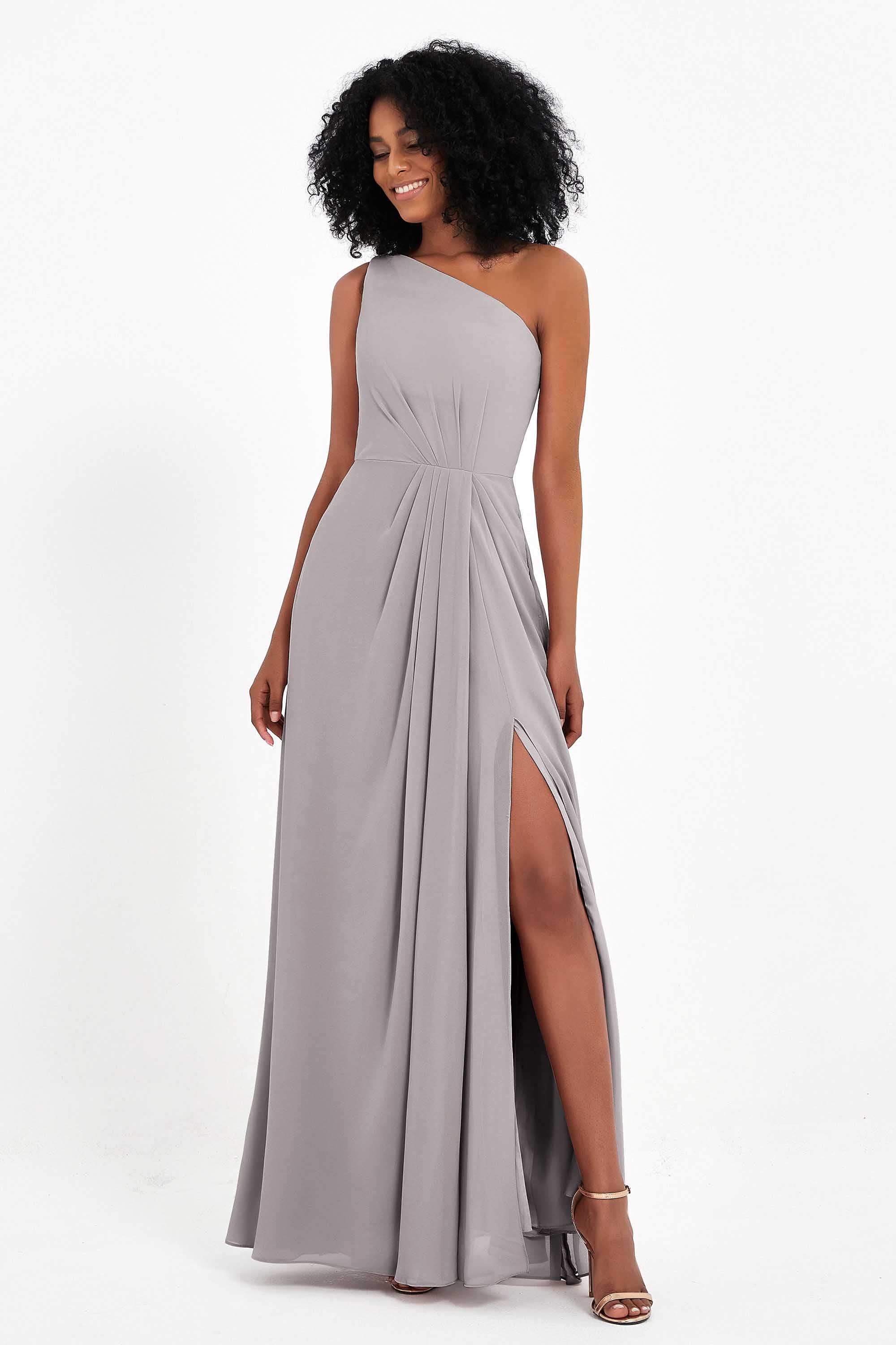 One Shoulder Zipper Chiffon Bridesmaid Dresses with Slit Long Formal Evening Dress Gowns