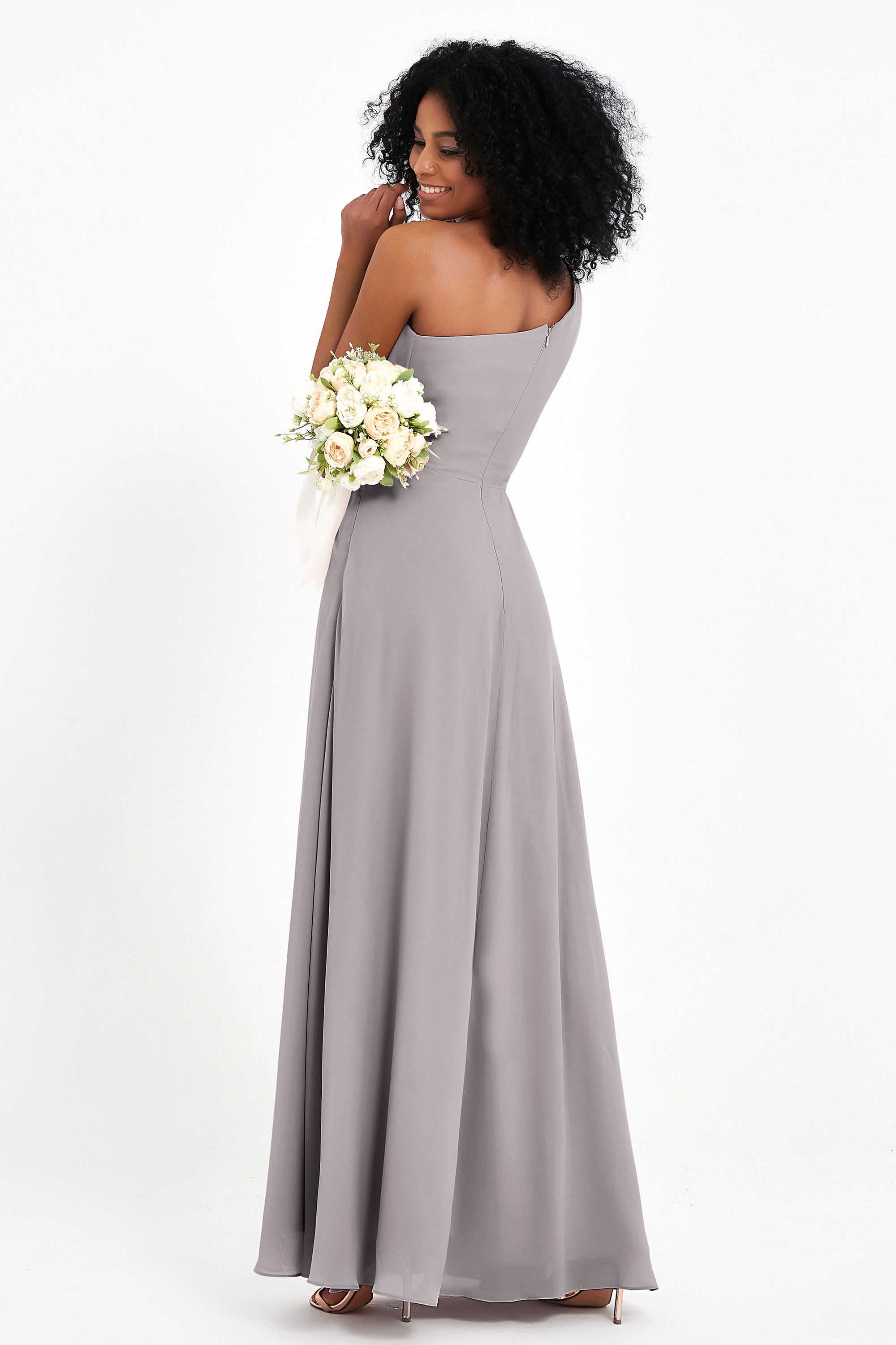 One Shoulder Zipper Chiffon Bridesmaid Dresses with Slit Long Formal Evening Dress Gowns