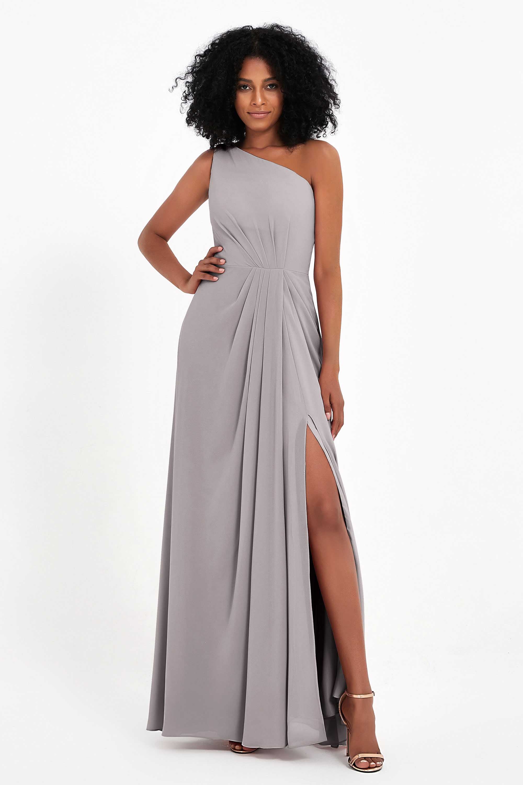 One Shoulder Zipper Chiffon Bridesmaid Dresses with Slit Long Formal Evening Dress Gowns