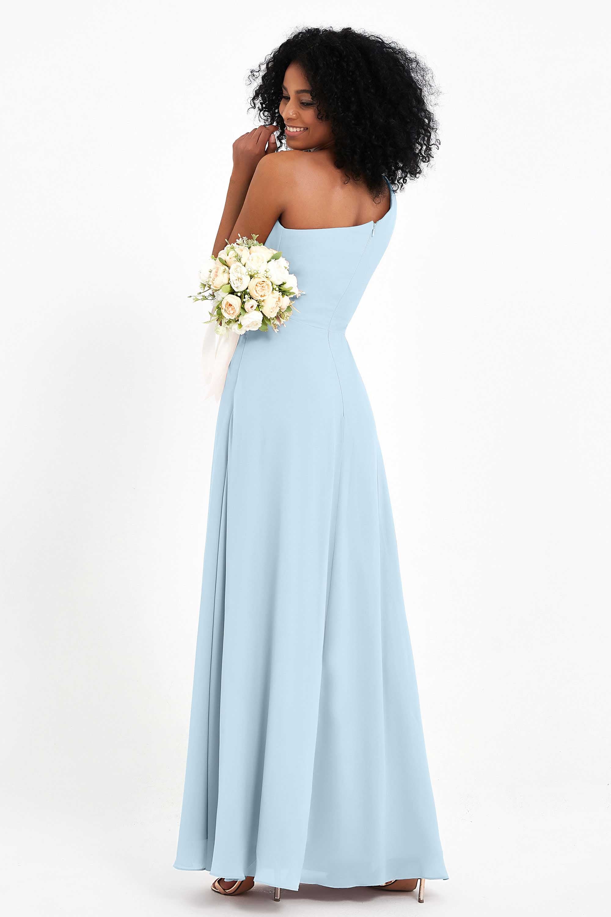 One Shoulder Zipper Chiffon Bridesmaid Dresses with Slit Long Formal Evening Dress Gowns