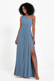 One Shoulder Zipper Chiffon Bridesmaid Dresses with Slit Long Formal Evening Dress Gowns