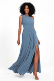 One Shoulder Zipper Chiffon Bridesmaid Dresses with Slit Long Formal Evening Dress Gowns