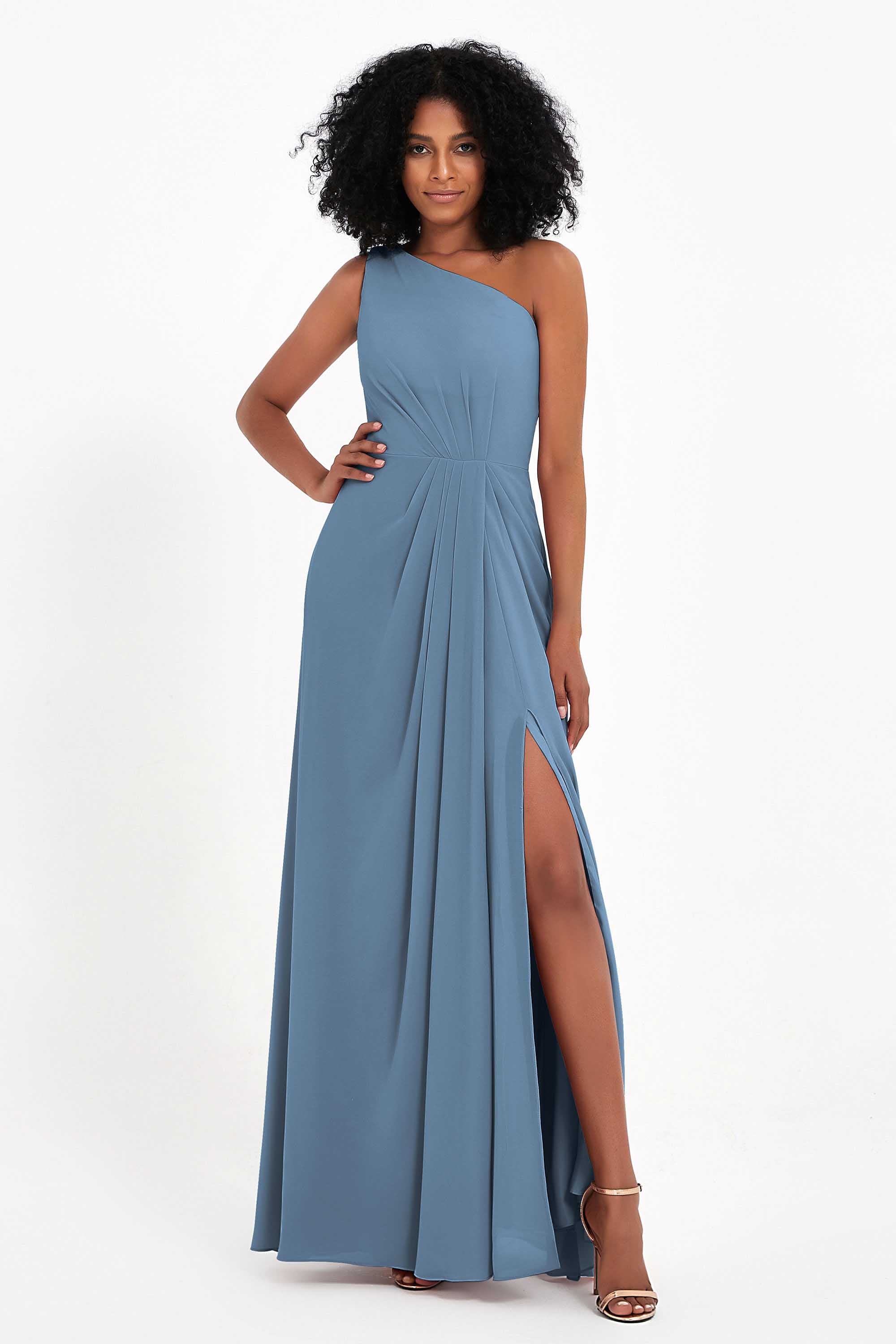 One Shoulder Zipper Chiffon Bridesmaid Dresses with Slit Long Formal Evening Dress Gowns