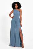 One Shoulder Zipper Chiffon Bridesmaid Dresses with Slit Long Formal Evening Dress Gowns