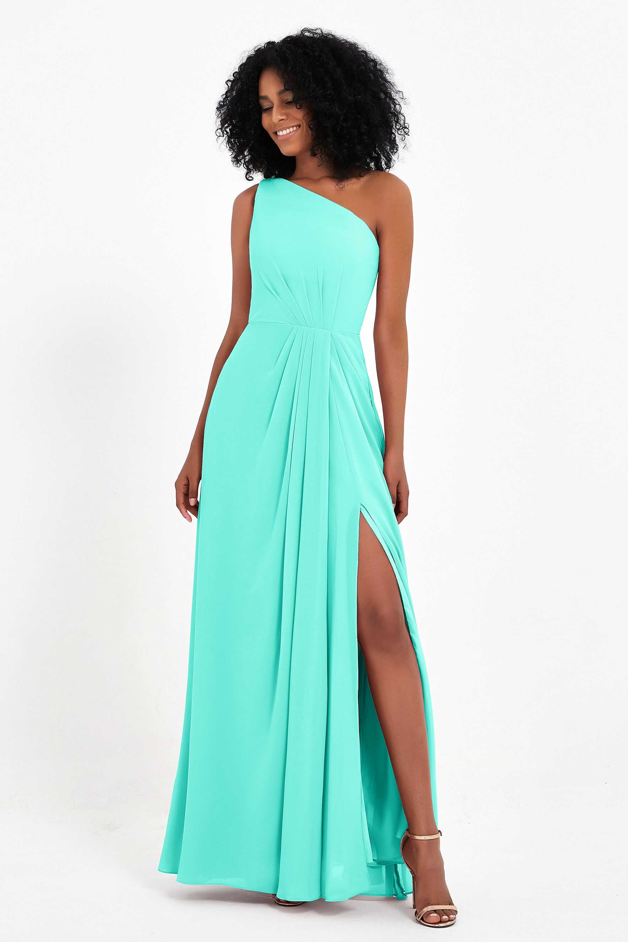One Shoulder Zipper Chiffon Bridesmaid Dresses with Slit Long Formal Evening Dress Gowns