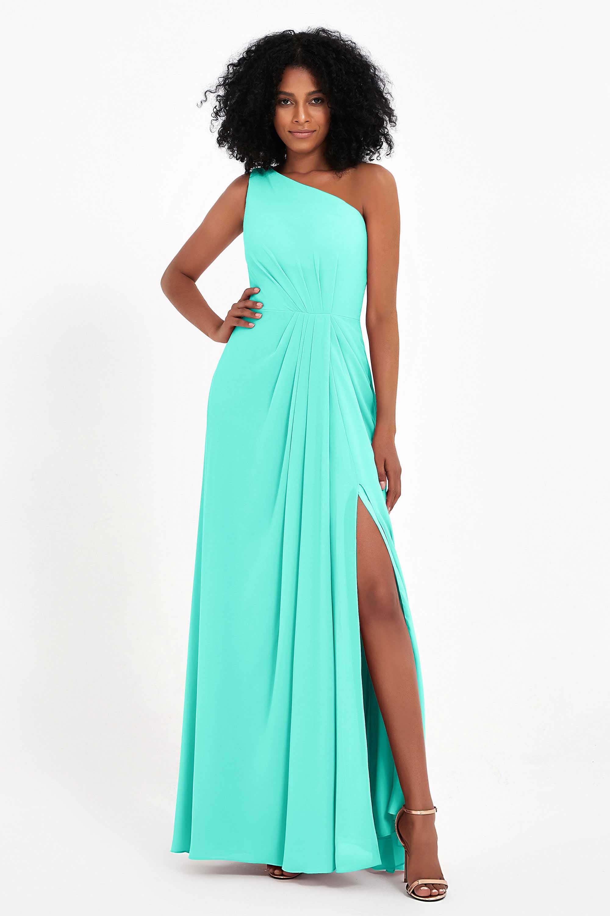 One Shoulder Zipper Chiffon Bridesmaid Dresses with Slit Long Formal Evening Dress Gowns