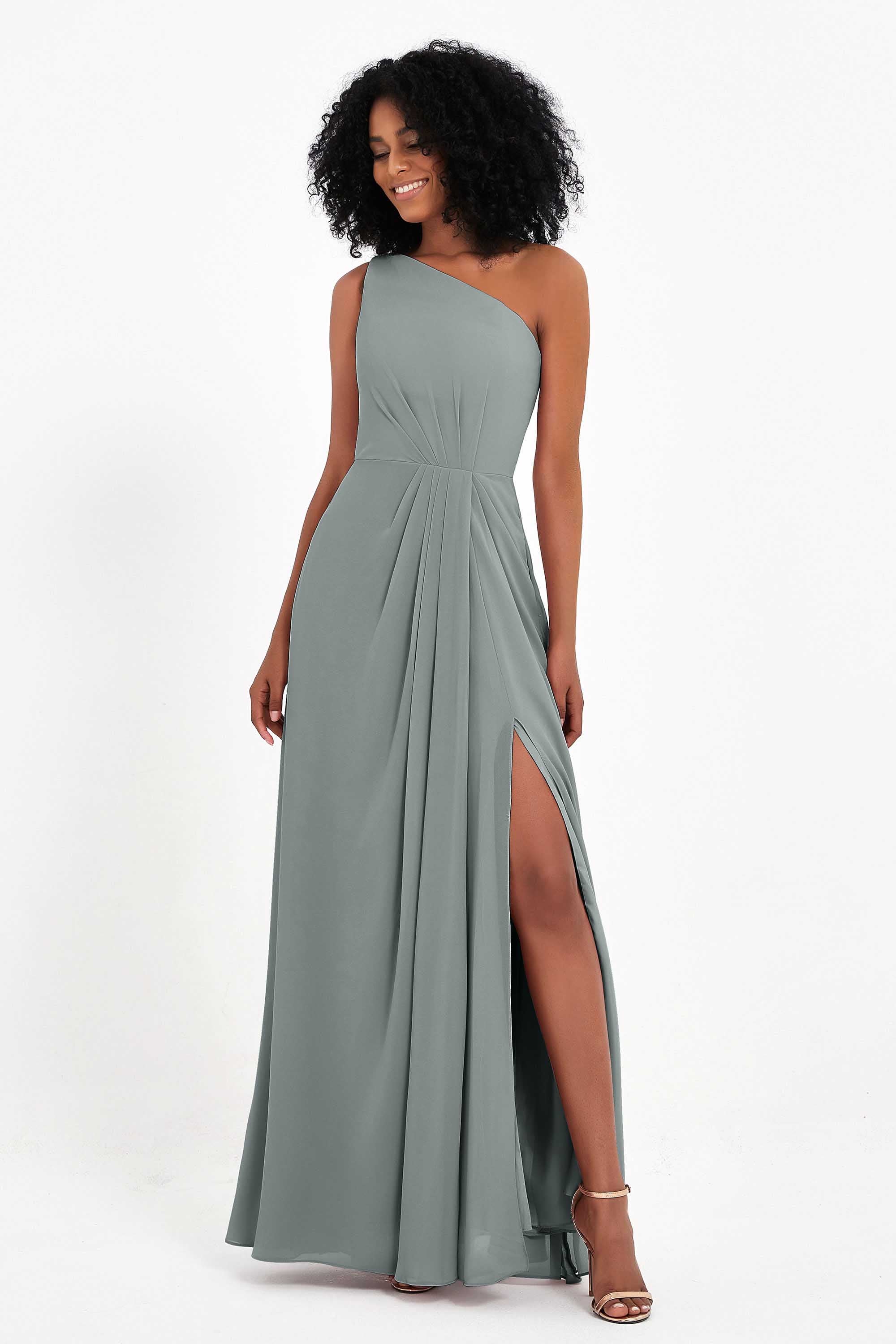 One Shoulder Zipper Chiffon Bridesmaid Dresses with Slit Long Formal Evening Dress Gowns