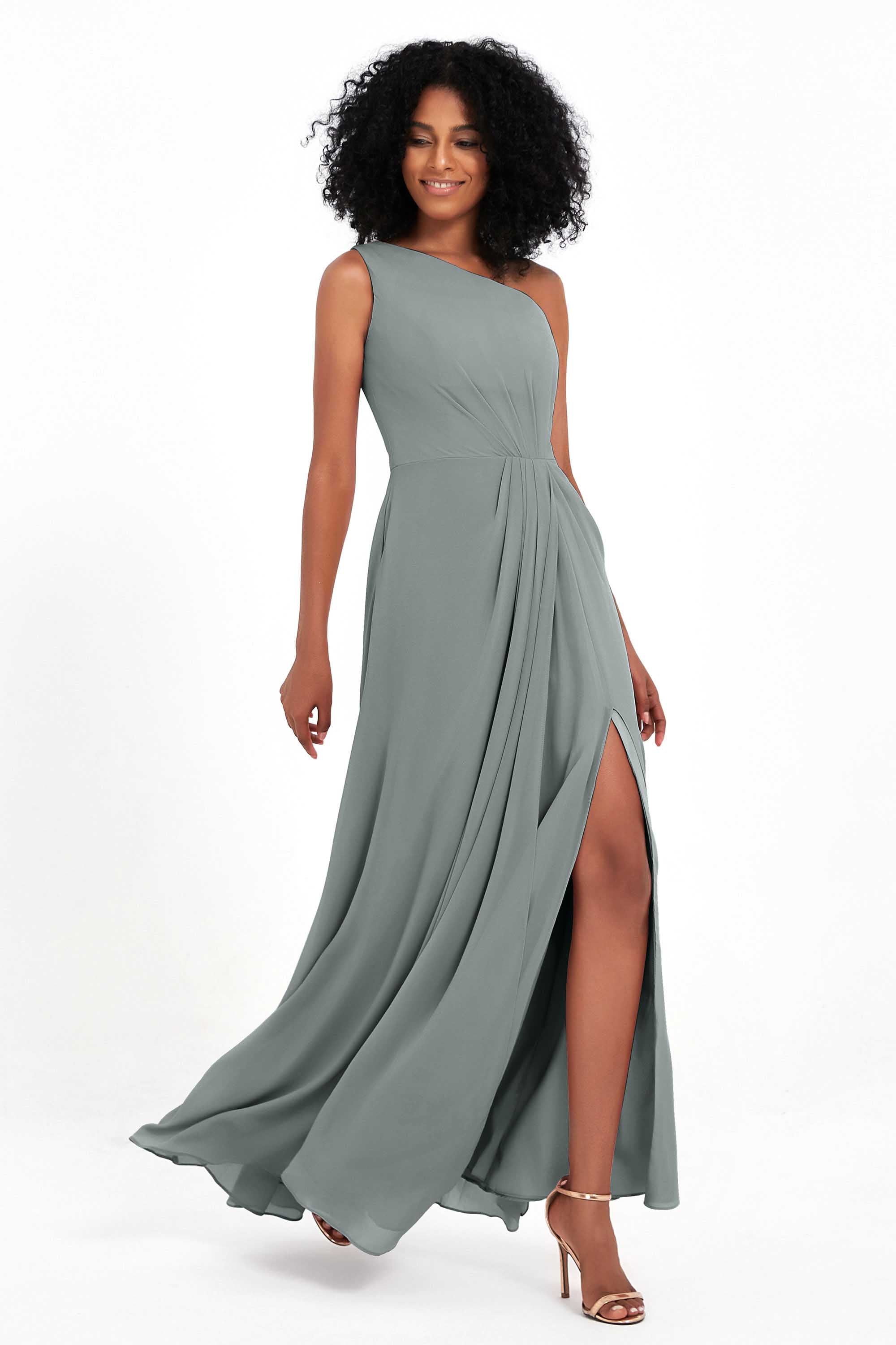 One Shoulder Zipper Chiffon Bridesmaid Dresses with Slit Long Formal Evening Dress Gowns