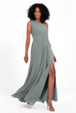 One Shoulder Zipper Chiffon Bridesmaid Dresses with Slit Long Formal Evening Dress Gowns