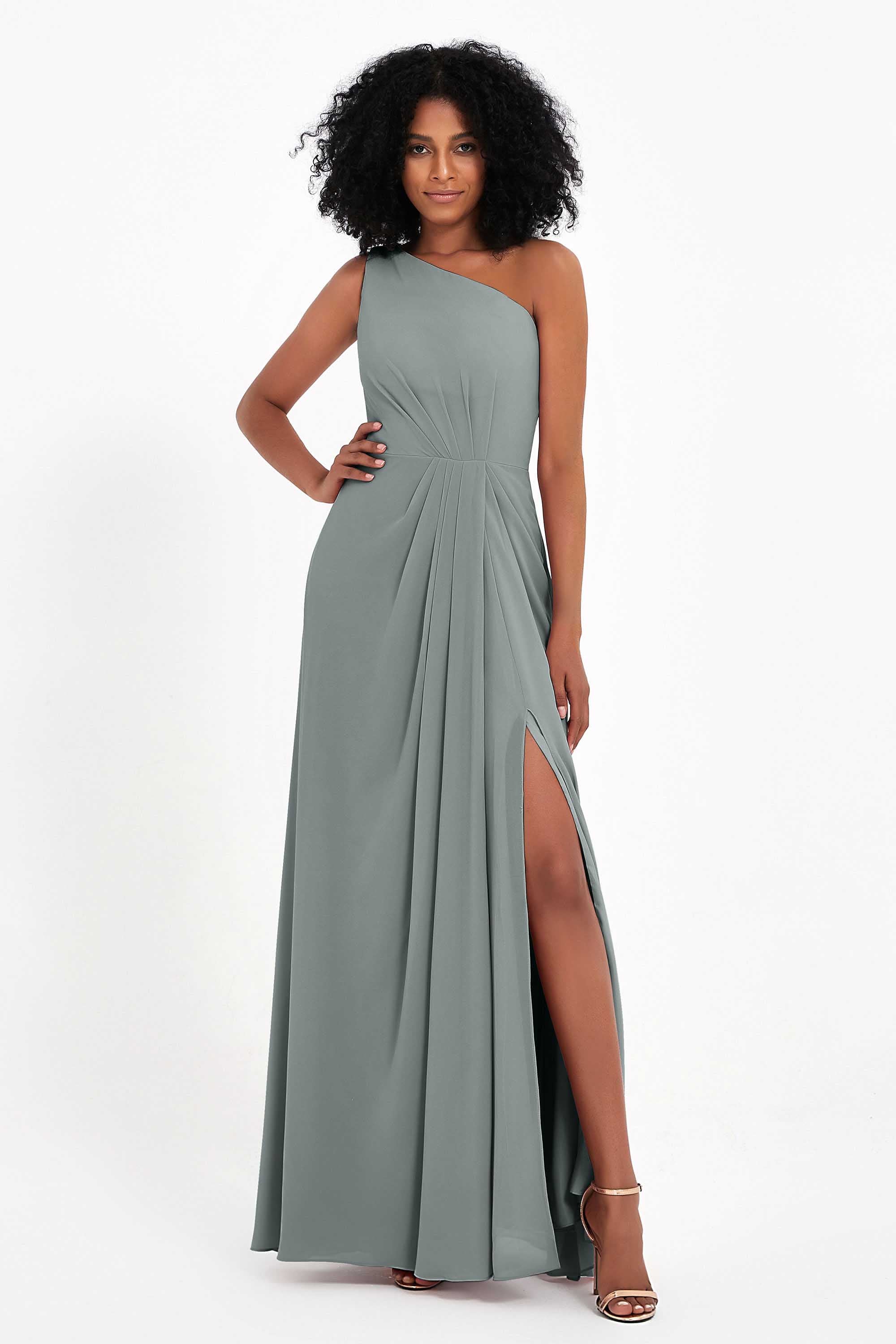 One Shoulder Zipper Chiffon Bridesmaid Dresses with Slit Long Formal Evening Dress Gowns