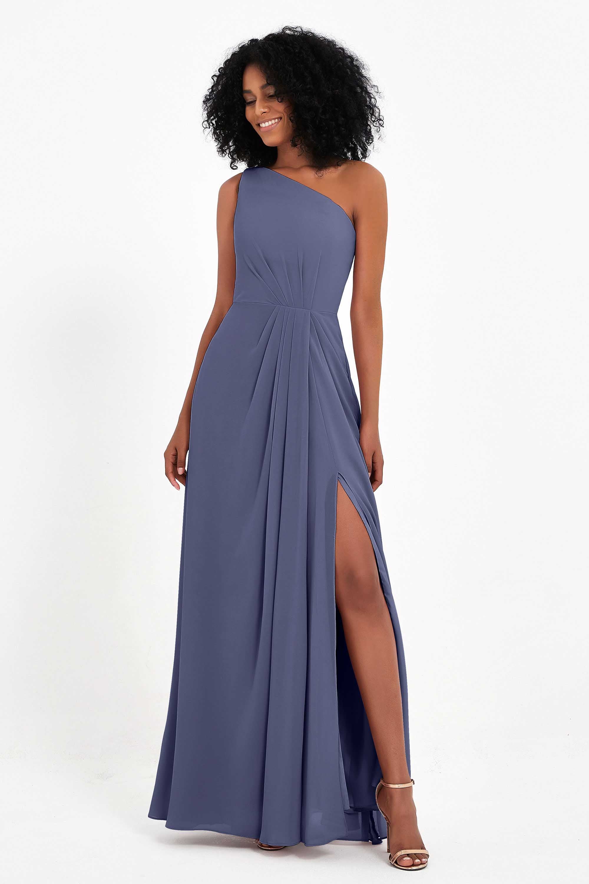 One Shoulder Zipper Chiffon Bridesmaid Dresses with Slit Long Formal Evening Dress Gowns