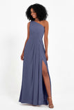 One Shoulder Zipper Chiffon Bridesmaid Dresses with Slit Long Formal Evening Dress Gowns