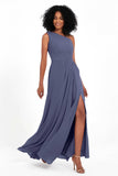 One Shoulder Zipper Chiffon Bridesmaid Dresses with Slit Long Formal Evening Dress Gowns
