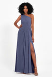 One Shoulder Zipper Chiffon Bridesmaid Dresses with Slit Long Formal Evening Dress Gowns