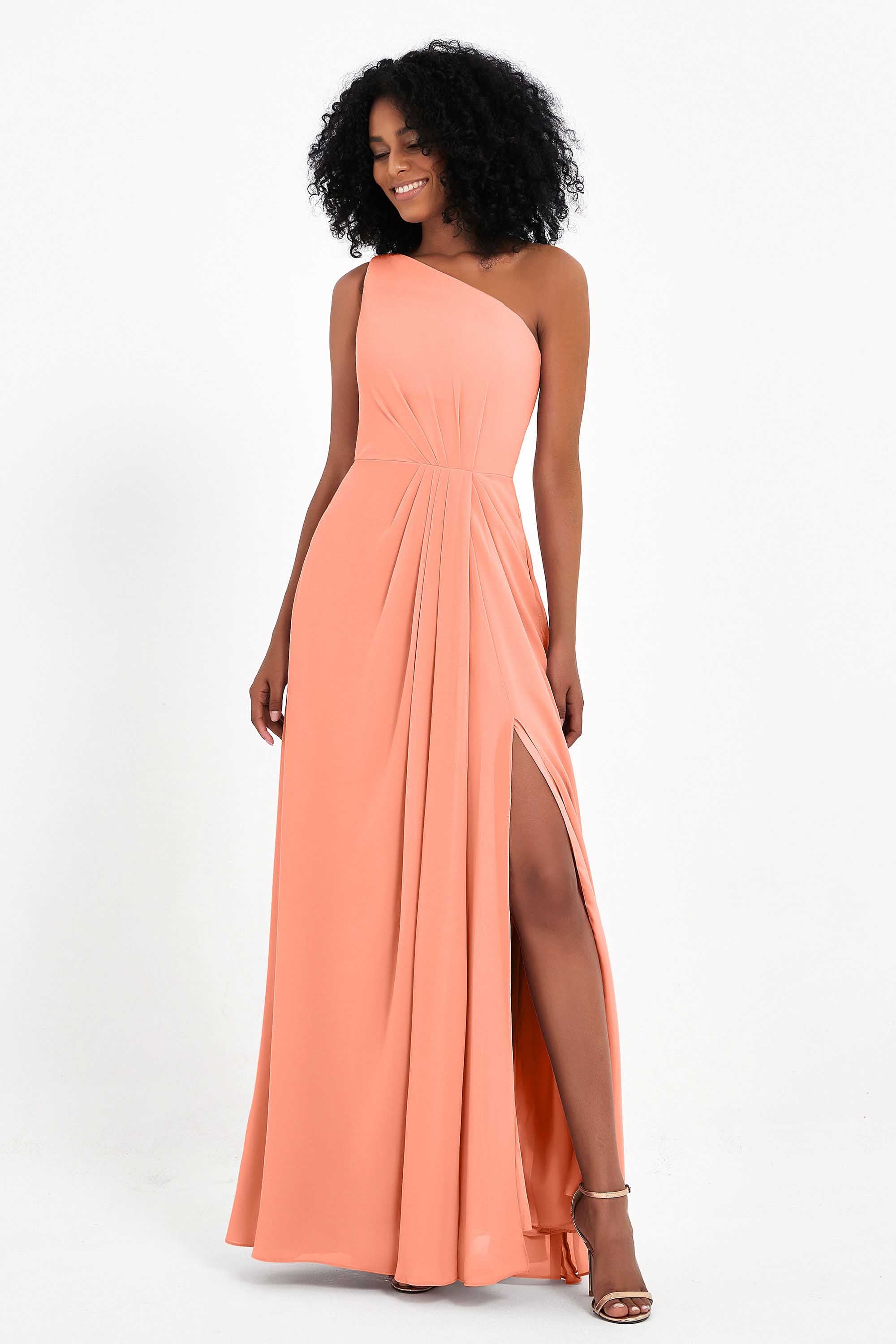 One Shoulder Zipper Chiffon Bridesmaid Dresses with Slit Long Formal Evening Dress Gowns