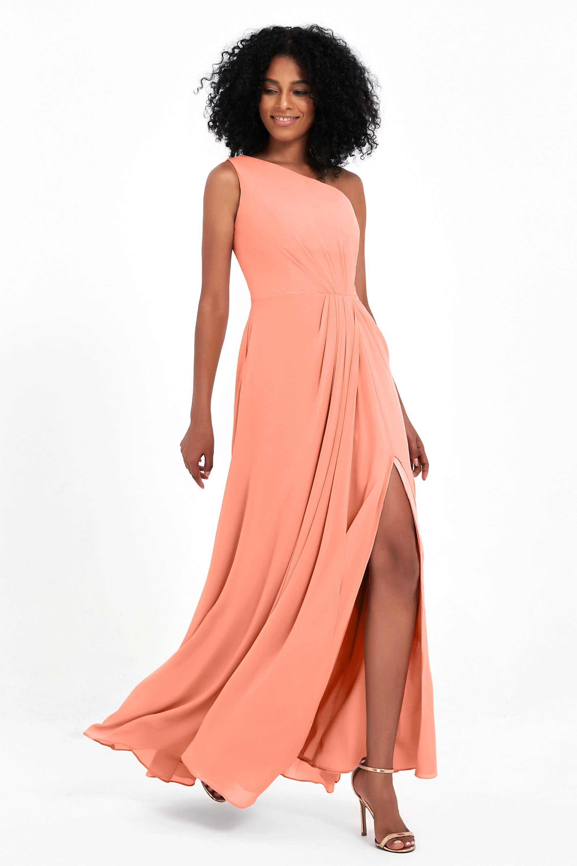 One Shoulder Zipper Chiffon Bridesmaid Dresses with Slit Long Formal Evening Dress Gowns