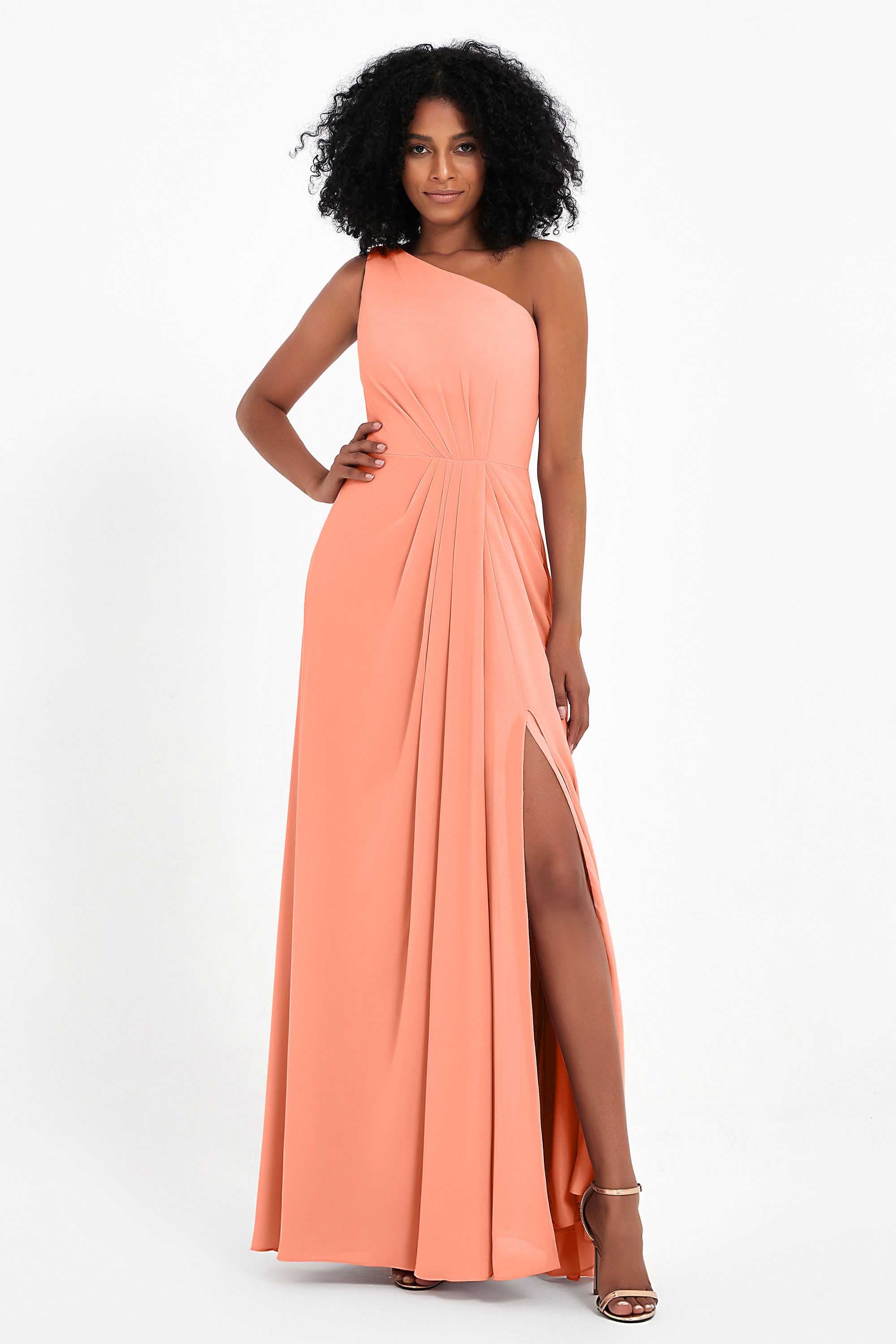 One Shoulder Zipper Chiffon Bridesmaid Dresses with Slit Long Formal Evening Dress Gowns