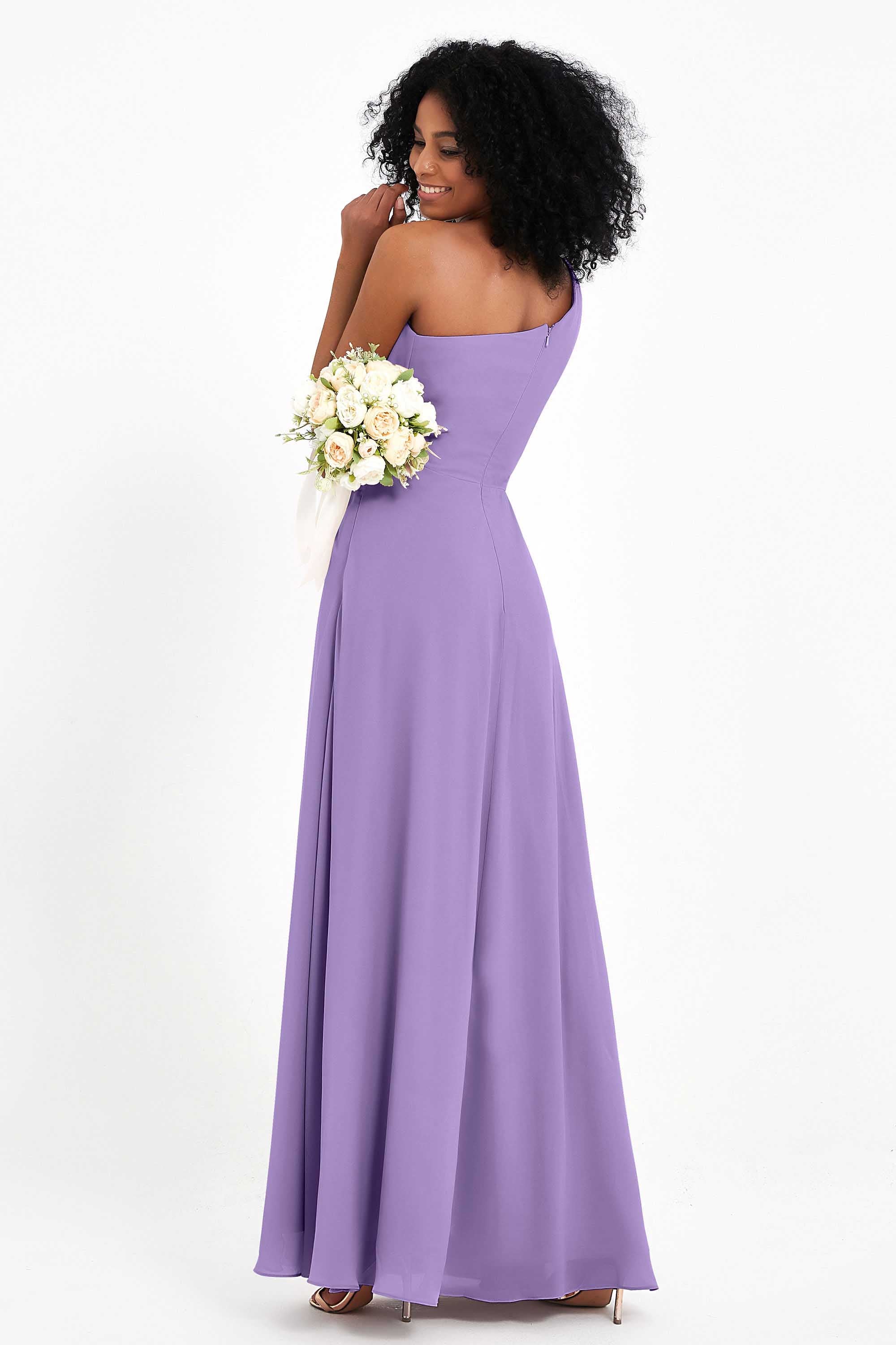 One Shoulder Zipper Chiffon Bridesmaid Dresses with Slit Long Formal Evening Dress Gowns