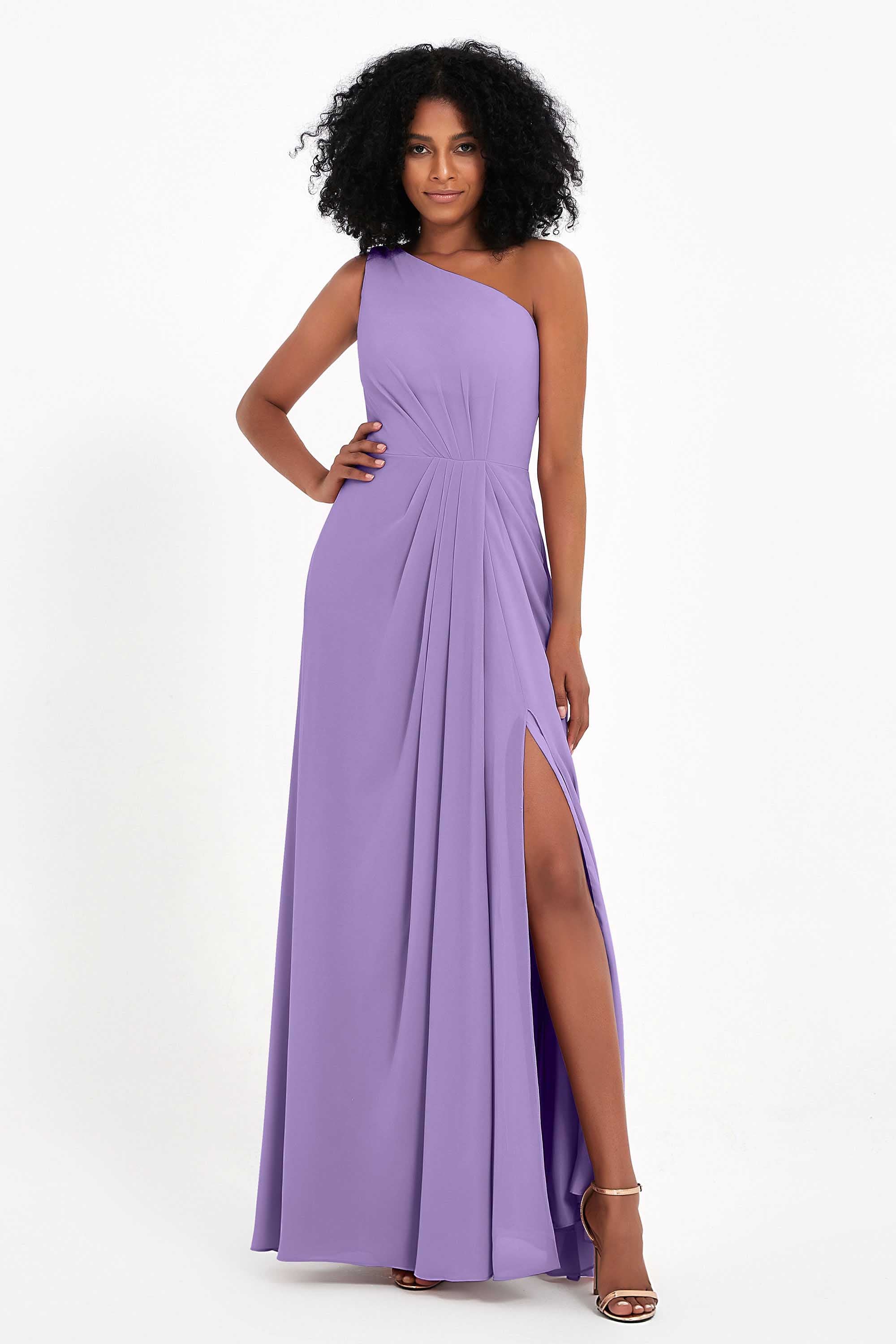 One Shoulder Zipper Chiffon Bridesmaid Dresses with Slit Long Formal Evening Dress Gowns