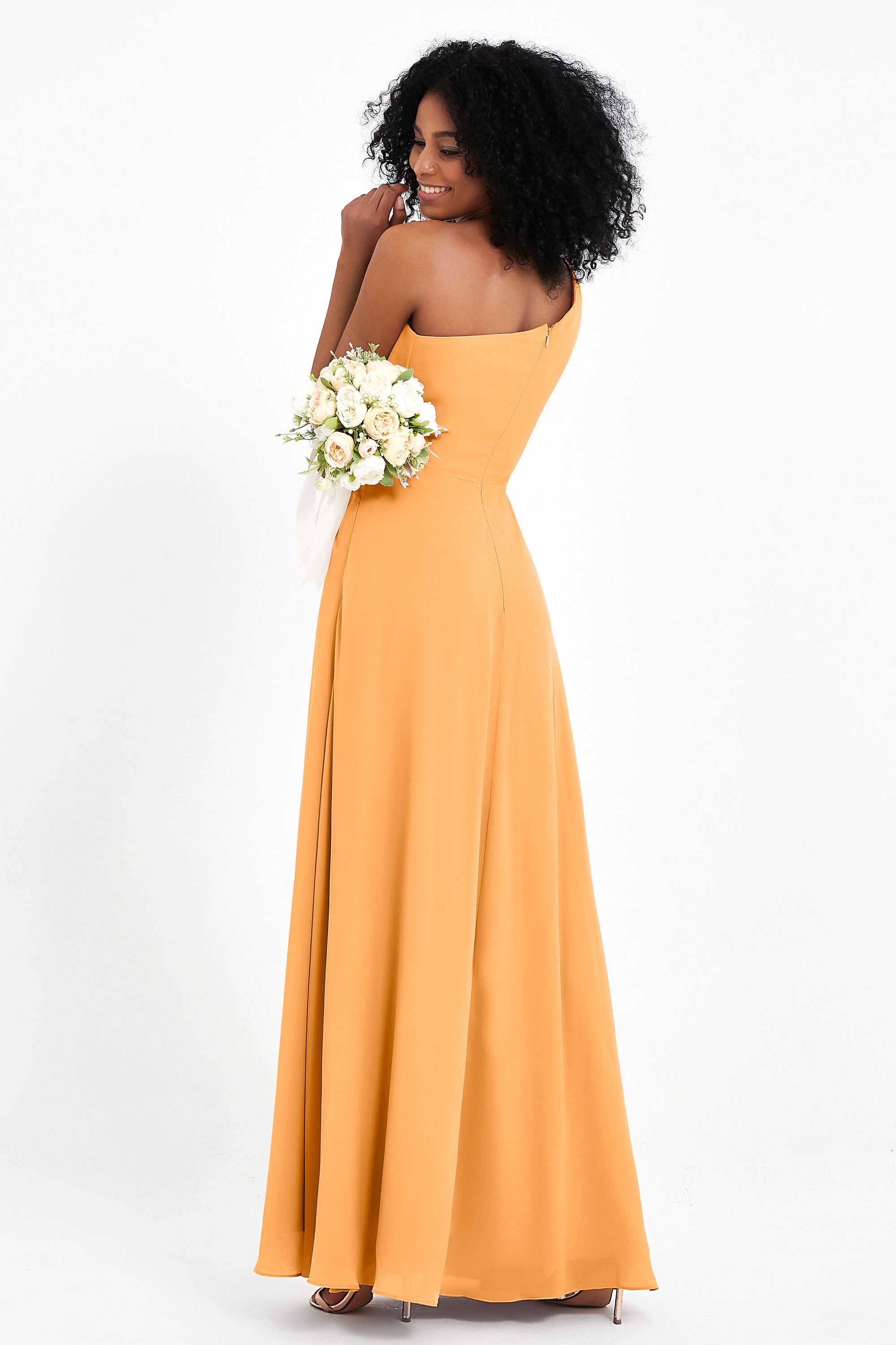 One Shoulder Zipper Chiffon Bridesmaid Dresses with Slit Long Formal Evening Dress Gowns