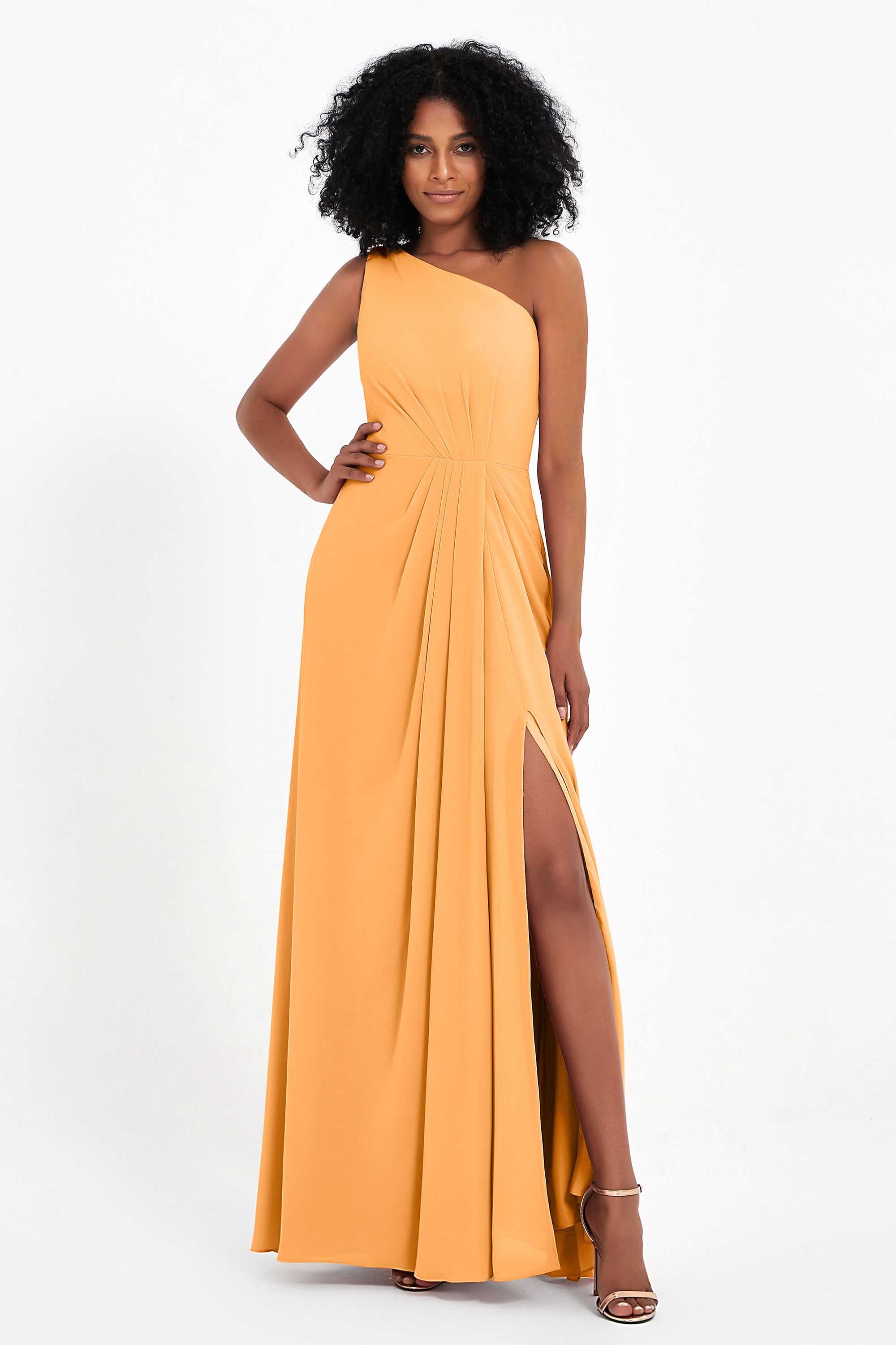 One Shoulder Zipper Chiffon Bridesmaid Dresses with Slit Long Formal Evening Dress Gowns