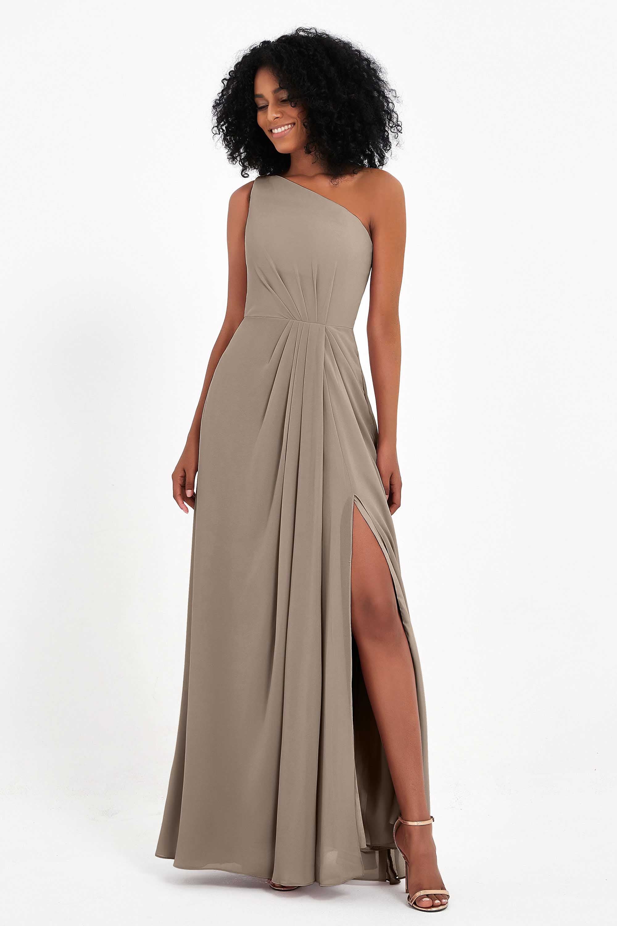 One Shoulder Zipper Chiffon Bridesmaid Dresses with Slit Long Formal Evening Dress Gowns
