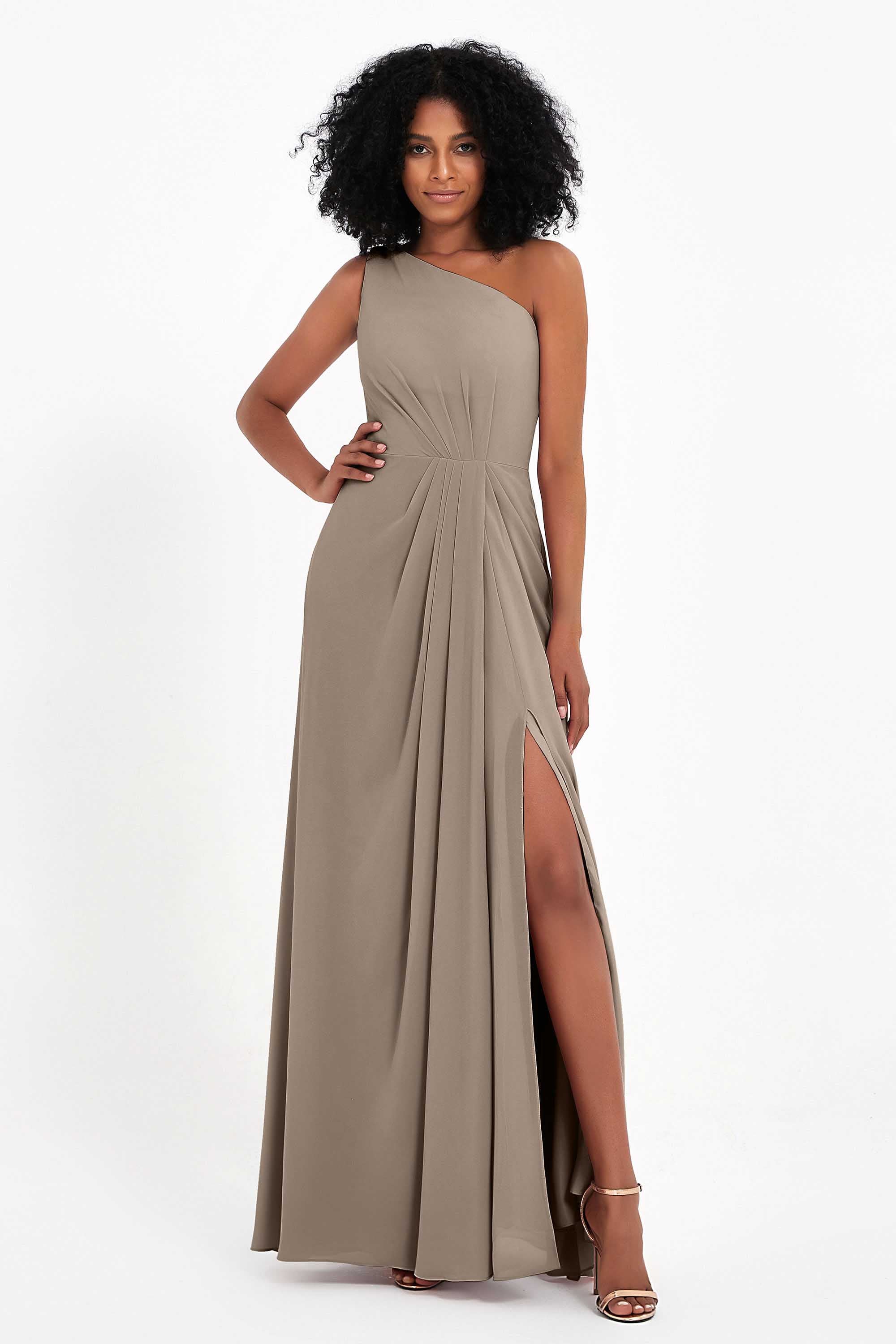 One Shoulder Zipper Chiffon Bridesmaid Dresses with Slit Long Formal Evening Dress Gowns