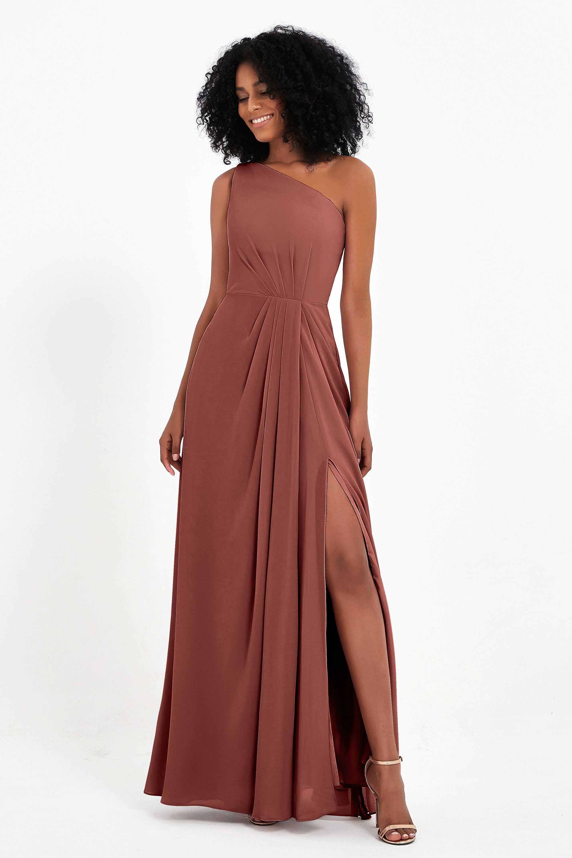 One Shoulder Zipper Chiffon Bridesmaid Dresses with Slit Long Formal Evening Dress Gowns