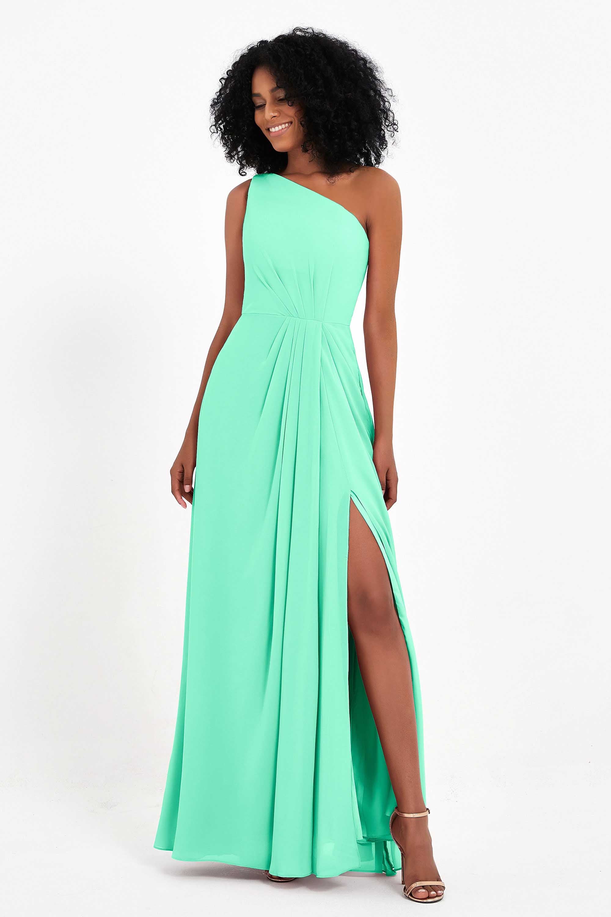 One Shoulder Zipper Chiffon Bridesmaid Dresses with Slit Long Formal Evening Dress Gowns
